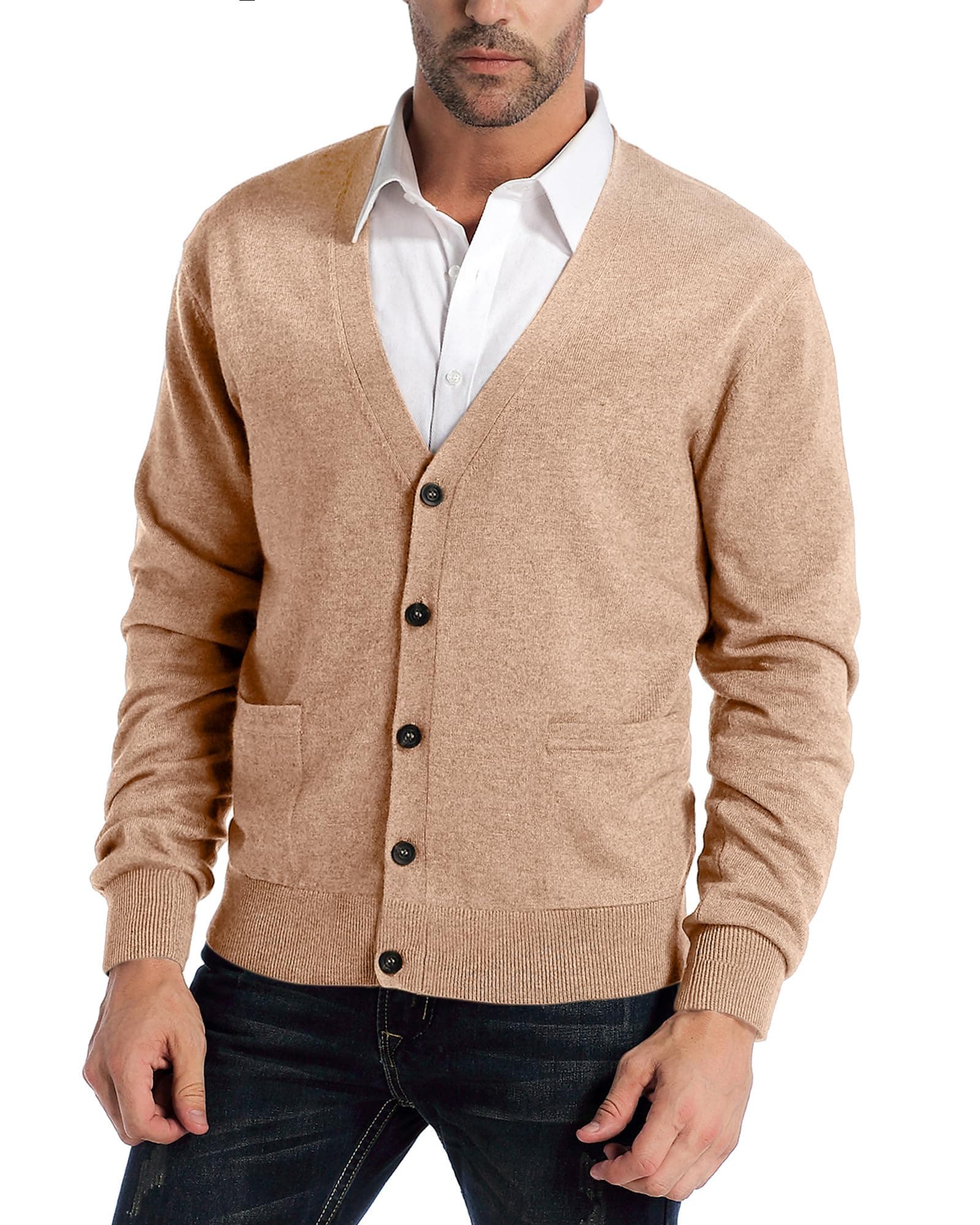 Kallspin Men's Cardigan Sweaters Wool Blend V Neck Button Down Sweaters with Pockets