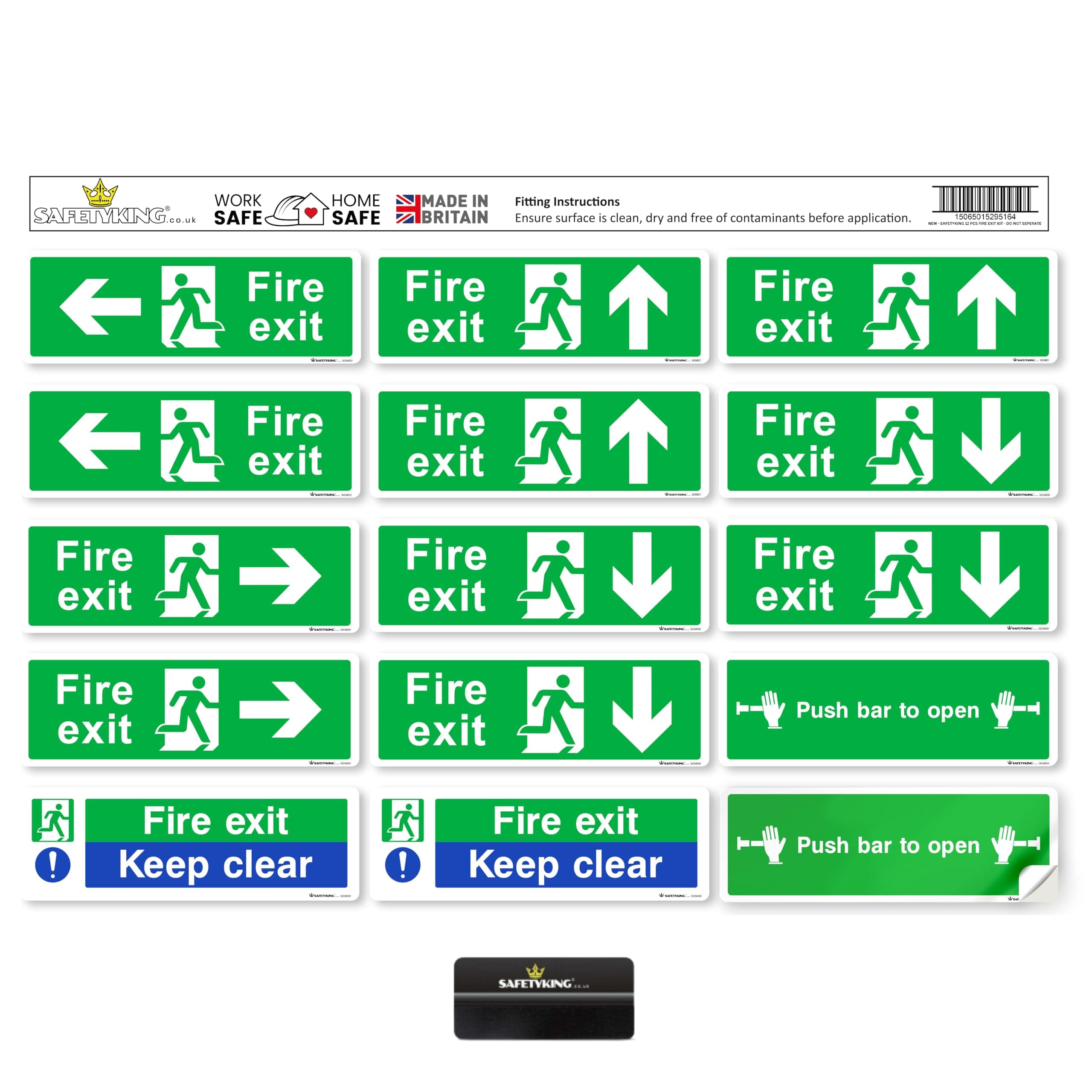 SAFETYKING® 16 Piece Fire Exit Signage kit 30cm x 10cm | Self Adhesive Stickers | Fire Exit Signs | Fire Exit Stickers | Fire Exit Safety Pack | Fire Exit Keep Clear sign | Running Man Fire Exit Signs