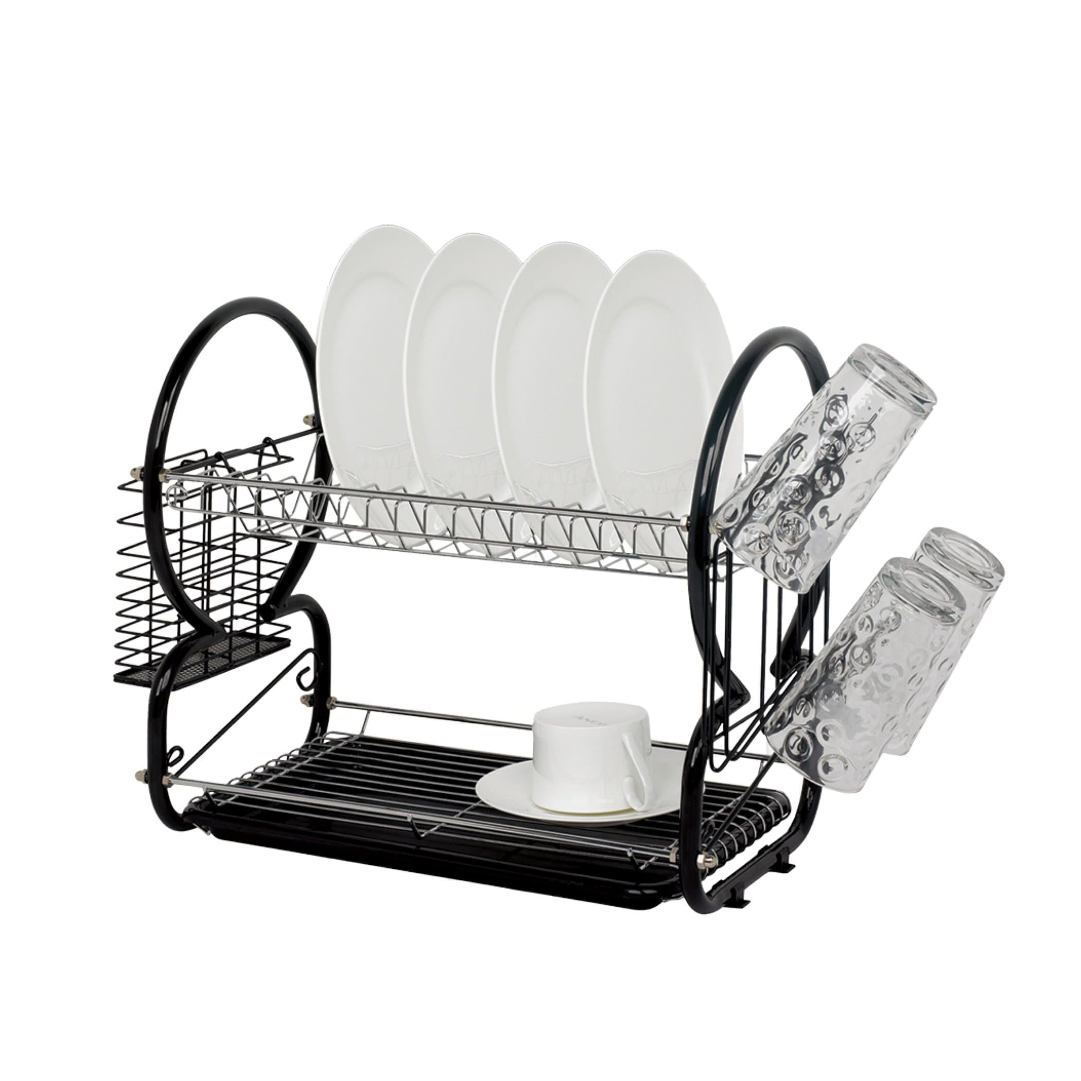 SQ Professional 2 Tier Dish Drainer Rack with Drip Tray (Metallic Black)