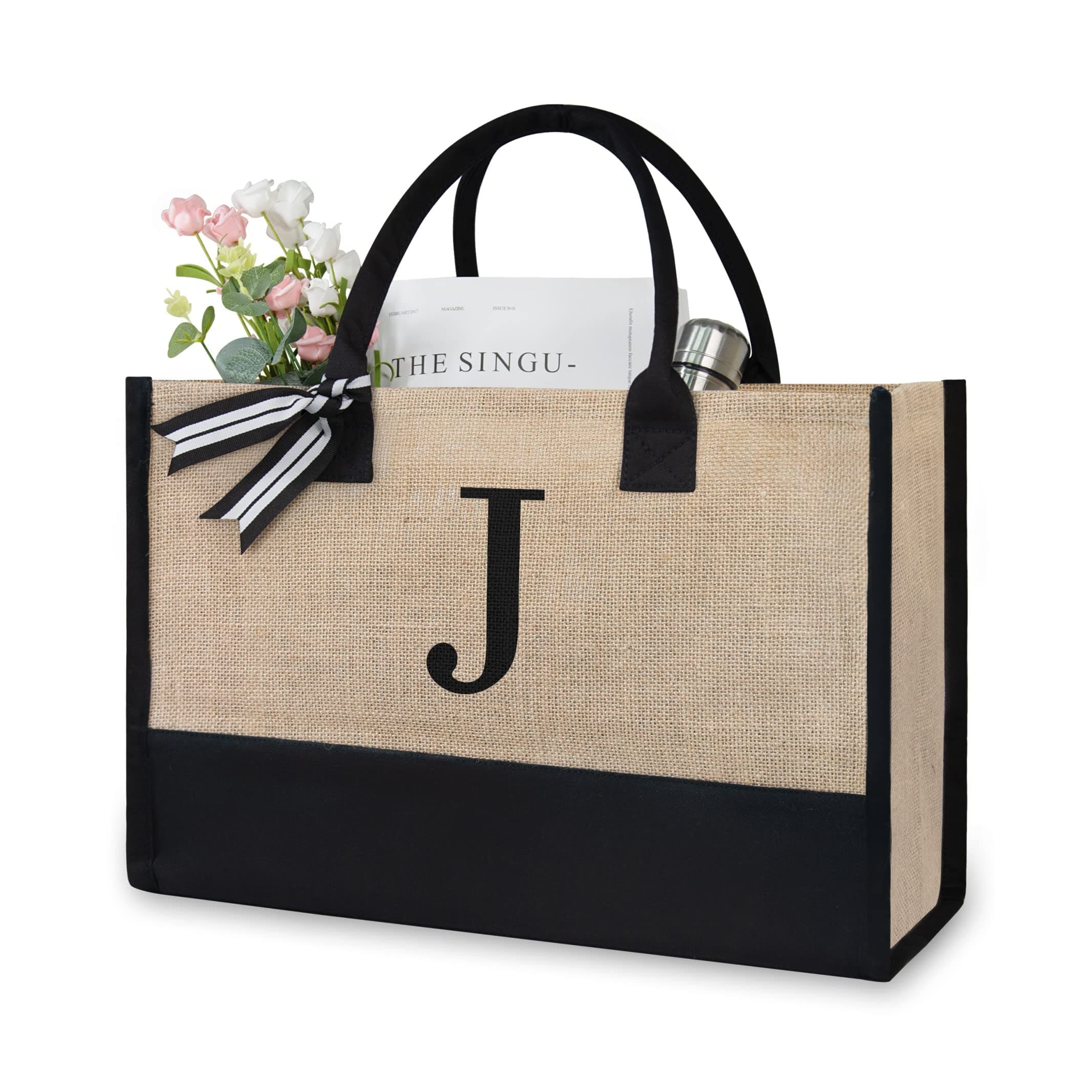 TOPDesign Personalized Initial Canvas Beach Bag, Monogrammed Gift Tote Bag for Women