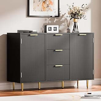 Cozy Castle 47.2" Sideboard Buffet Cabinet, Modern Accent Cabinet with 3 Drawers and 2 Doors, Kitchen Buffet Sideboard with Adjustable Shelves, Coffee Bar Cabinet for Living Room, Dining Room, Black