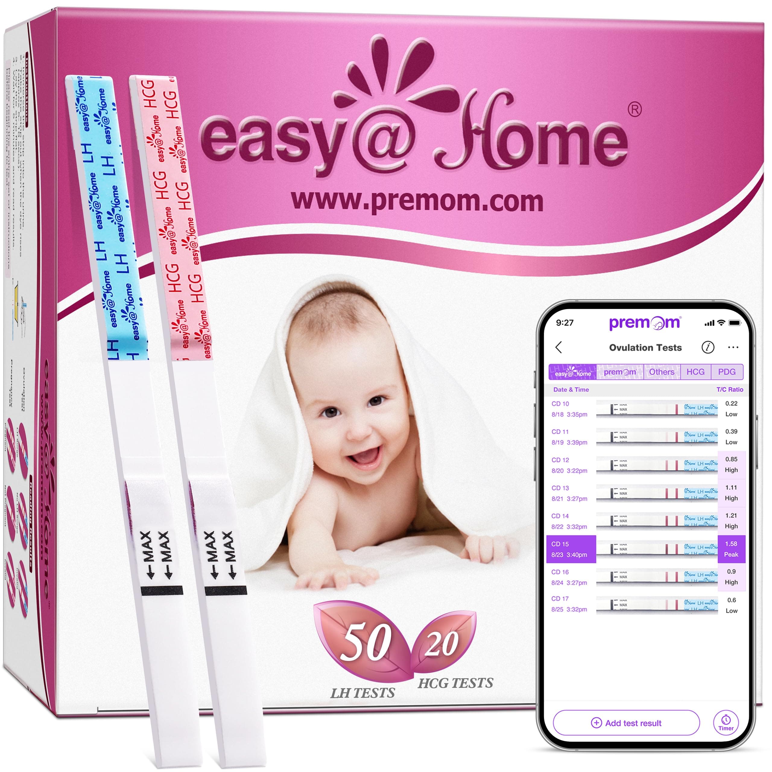 50 Ovulation Test Strips and 20 Pregnancy Test Strips-Width of 5mm-Powered by Premom Ovulation Predictor iOS and Android App