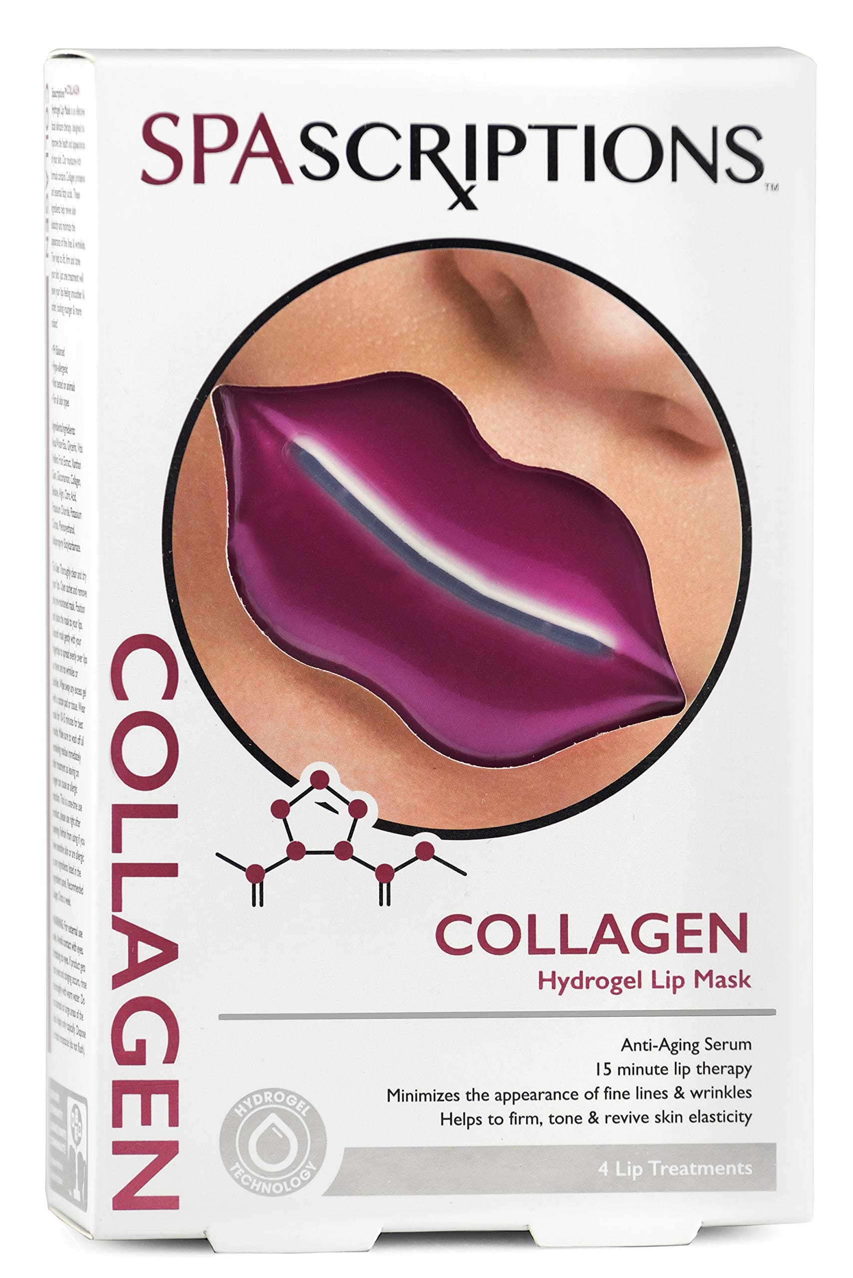 SpaScriptionsHydrogel Lip Mask - 4 Pack, Moisture Rich, Reduces Fine Lines and Wrinkles, Smooths and Softens Lips