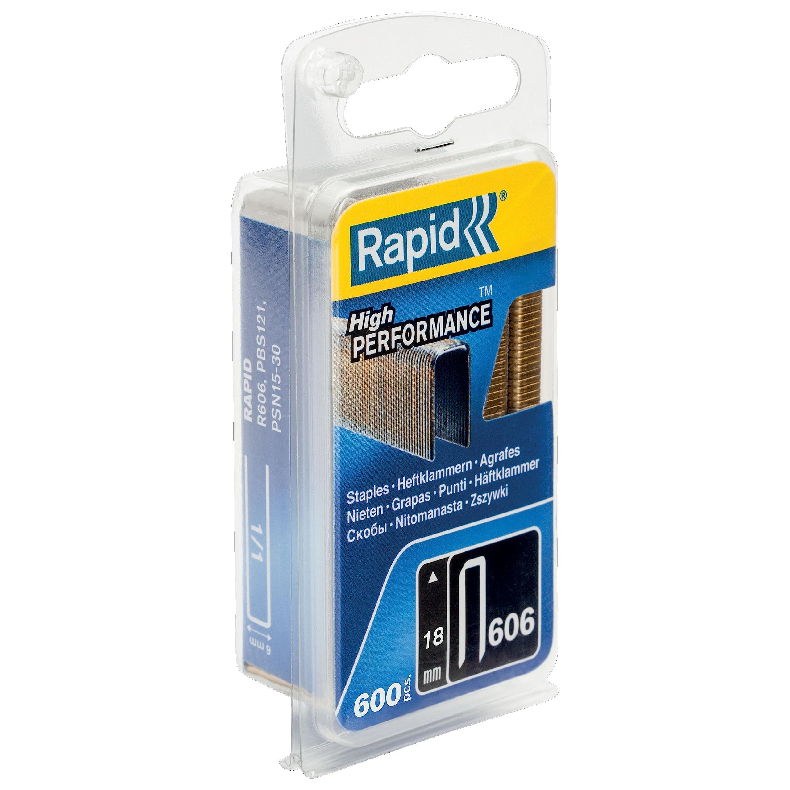 Rapid High-Performance Staples for Dense Materials, Narrow Crown No. 606, Leg Length 18mm, Staple Gun Staples, Resin-Coated Galvanised Steel, 600 Pieces, Narrow Blister (40109529)