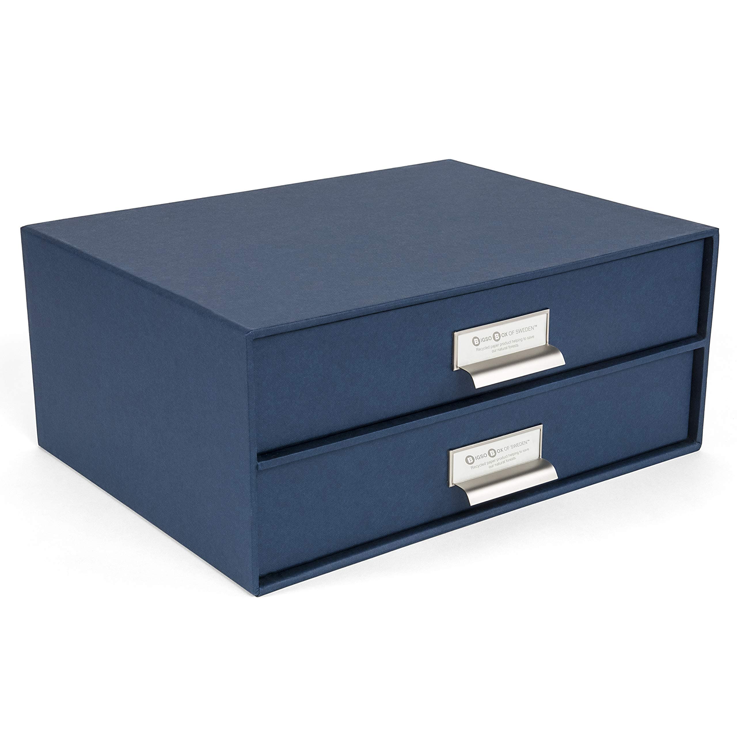 Bigso Birger 2-Drawer Fiberboard Label Frame Document Letter Box | Desktop Drawers for Loose Papers, Documents, and More | Desktop Storage Drawers with Metal Label Holder | 13.1” x 10” x 5.7” | Blue