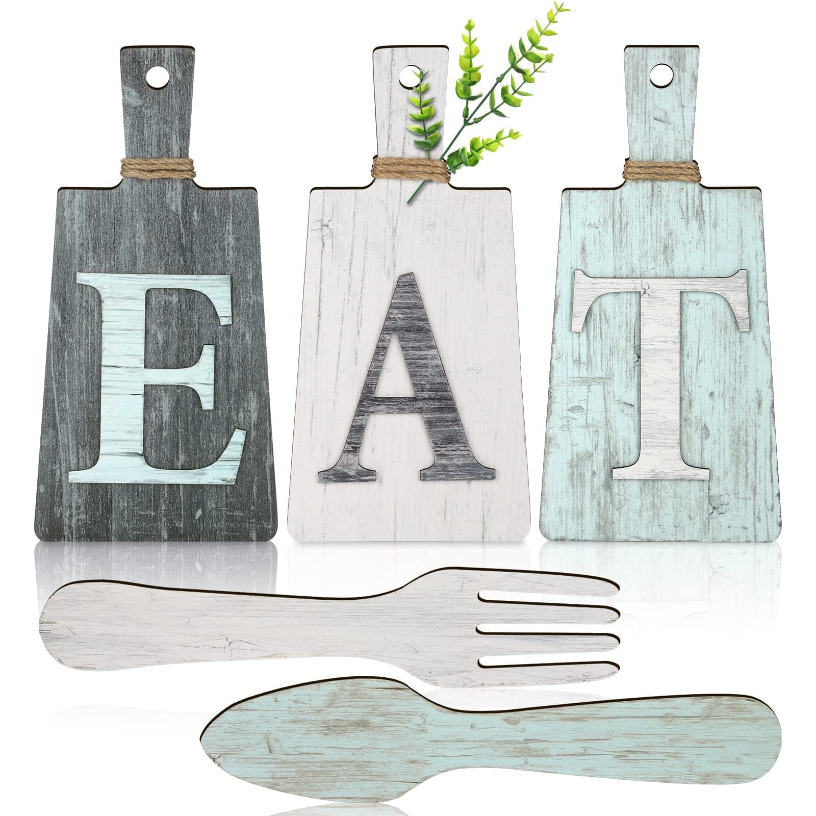 Jetec Cutting Board Eat Sign Set Hanging Art Kitchen Fork and Spoon Wall Decor Rustic Primitive Country Farmhouse for Home Decoration ()