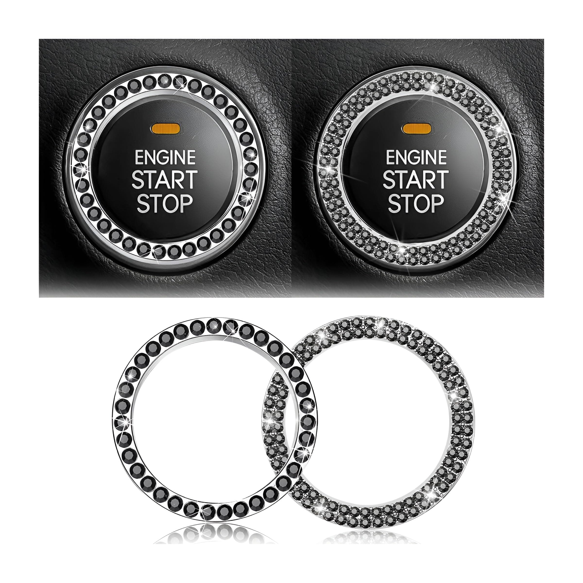 Car Bling Crystal Rhinestone Engine Start Ring Stickers, 1 Single Drainage Drill and 1 Double Drainage Drill Car Start Button Cover, Key Ignition Knob Bling Ring Decals, Car Accessories(Set Black)
