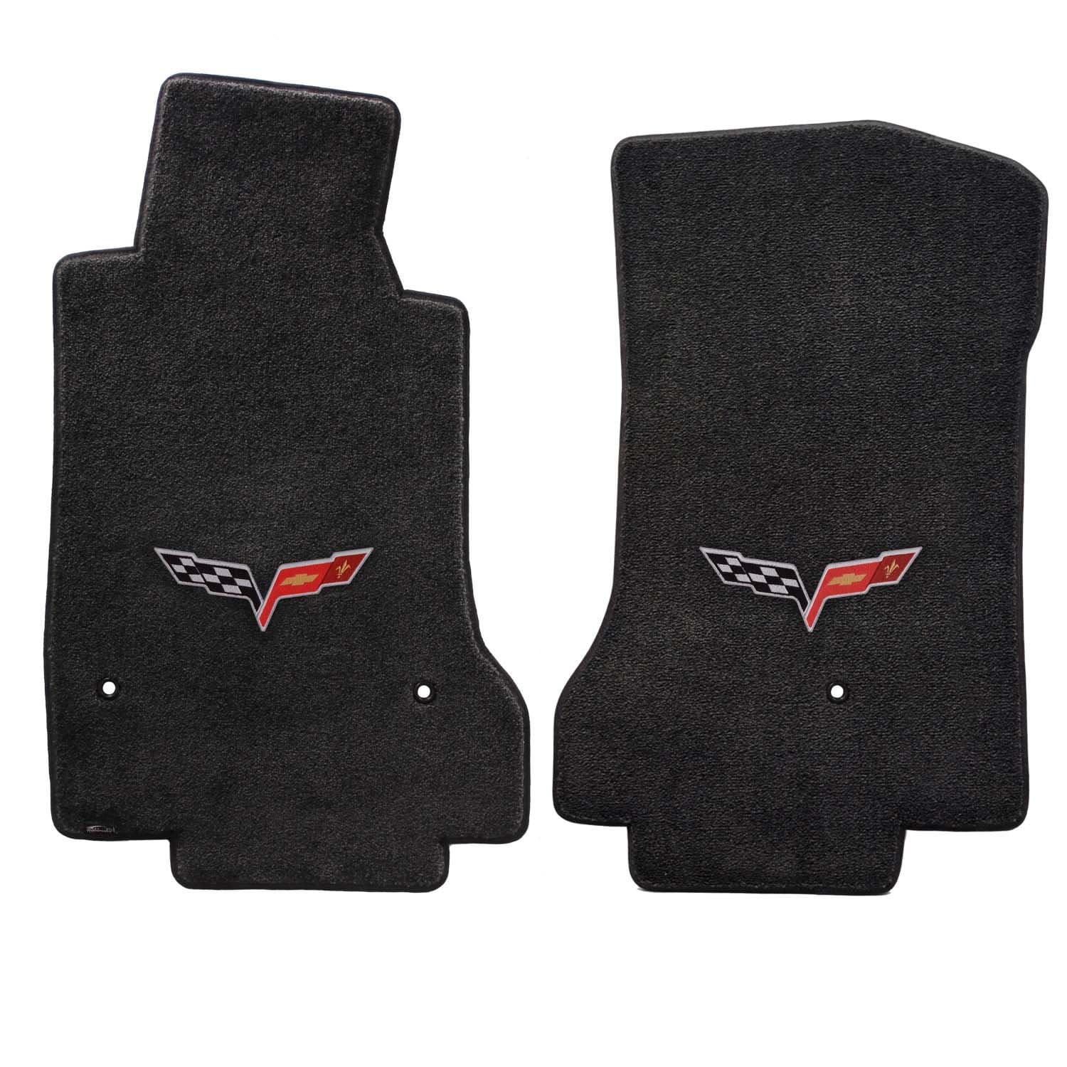 Lloyd Mats Fits 2007.5-2013 C6 Corvette Driver & Passenger Floor Set; Black/Ebony Velourtex Fabric with Crossed Flags Logo Embroidery