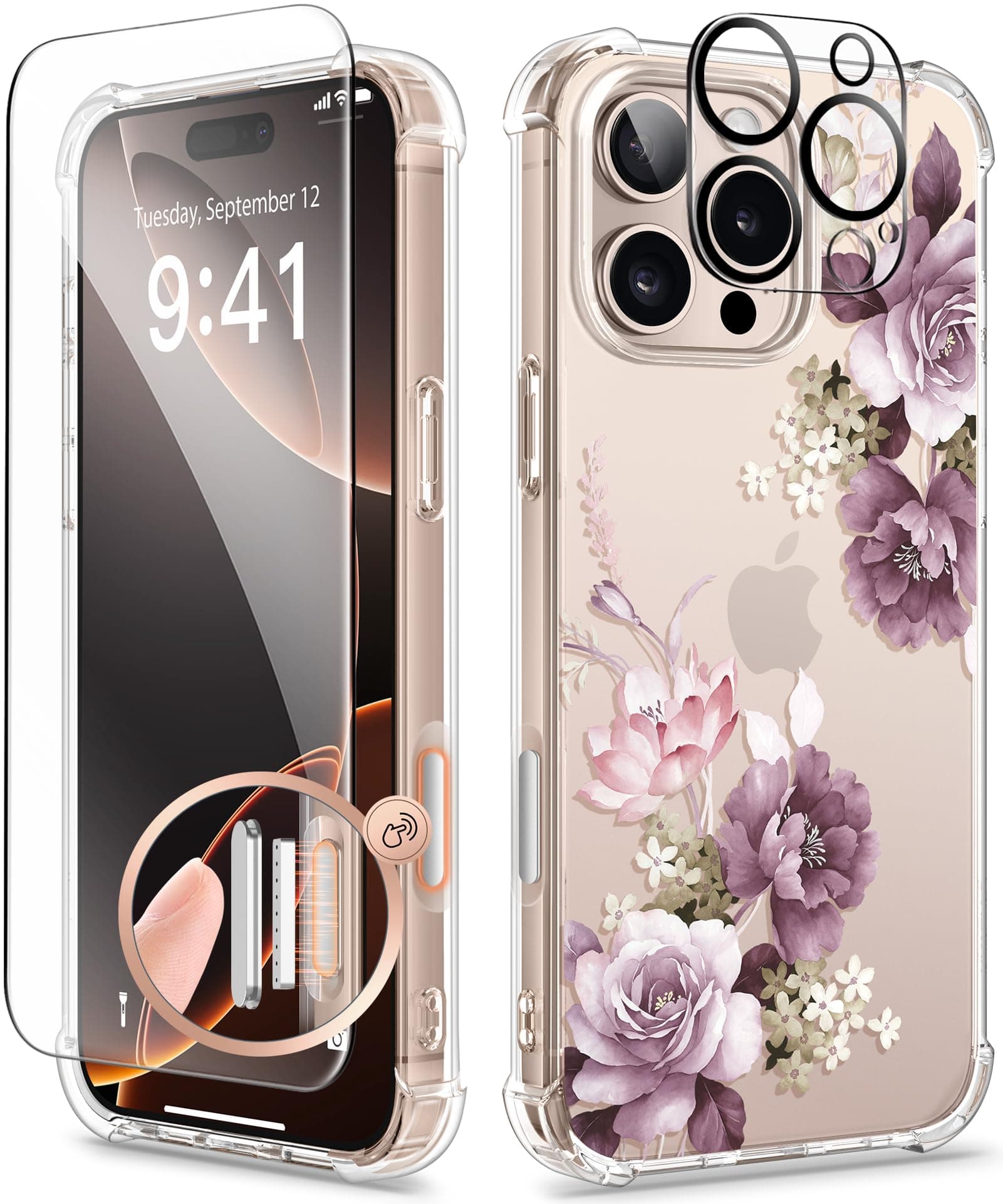 GVIEWIN for iPhone 16 Pro Case Floral, with Screen Protector&Camera Lens Protector, [Non Yellowing] Slim Shockproof Clear Phone Protective Cover for Women, Flower Pattern 6.3"(Cherry Blossoms/Purple)