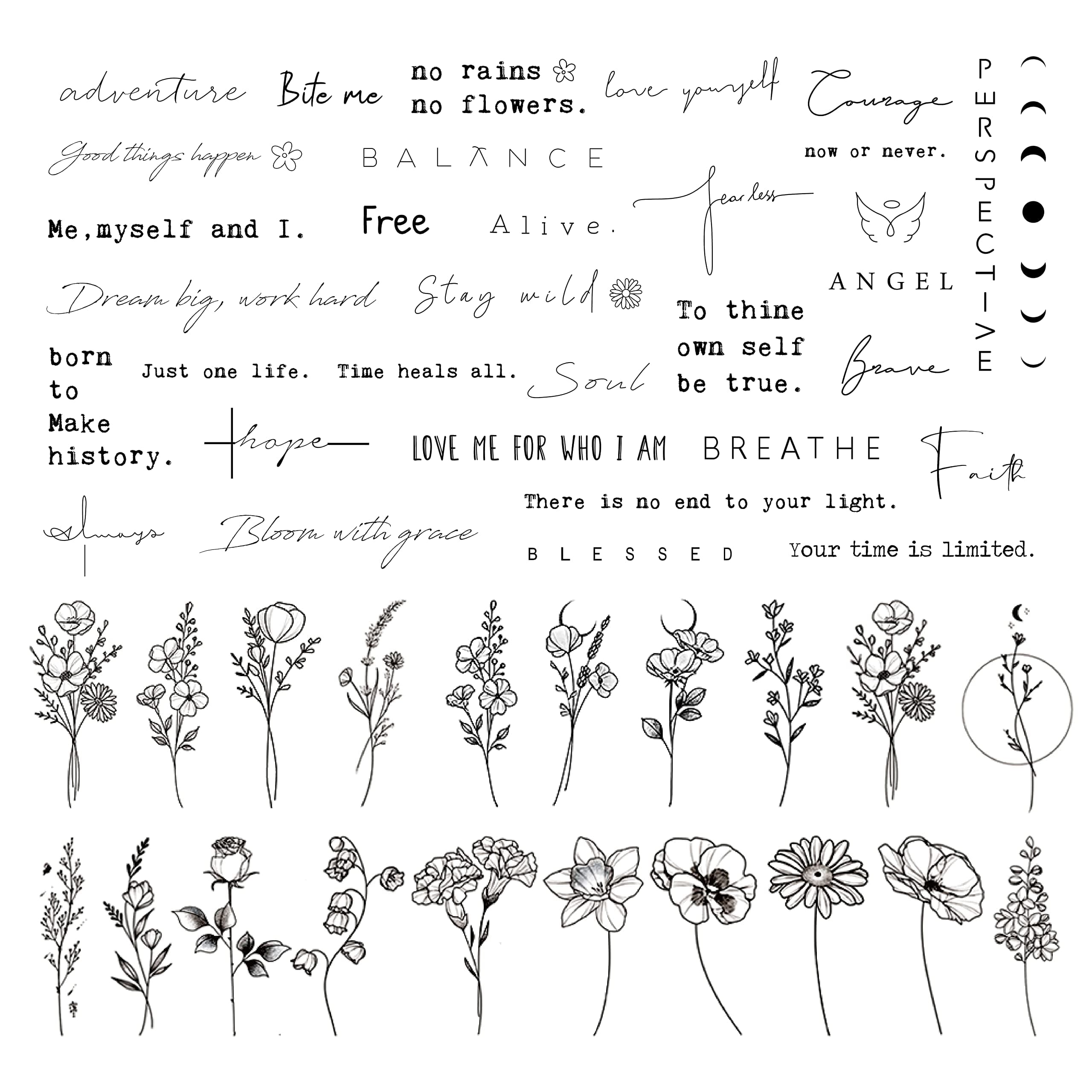 Realistic Temporary Tattoo - 60 Sheets Tiny Fake Tattoos, 40 Pcs Inspirational Words Tattoo, 20 Pcs Wild Flower Floral Bouquet Stickers for Adult Women Face Body Hand