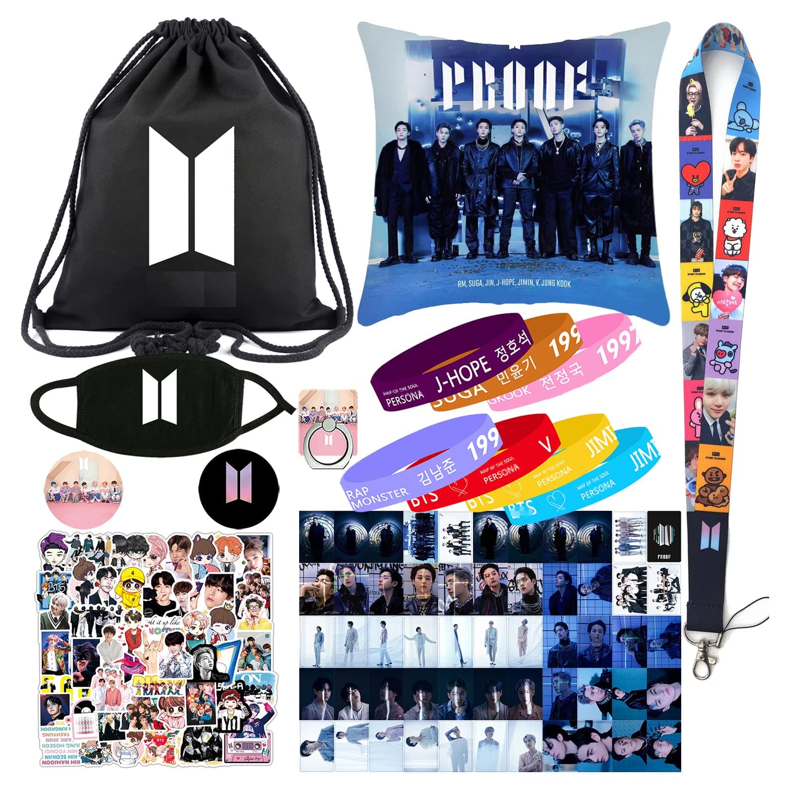 BTS Fan Item BTS Merch Gifts Set Includes Backpack Pillow Case Photocards Bracelets Face Mask Lanyard Stickers Button Pin Phone Stand Kpop Merch