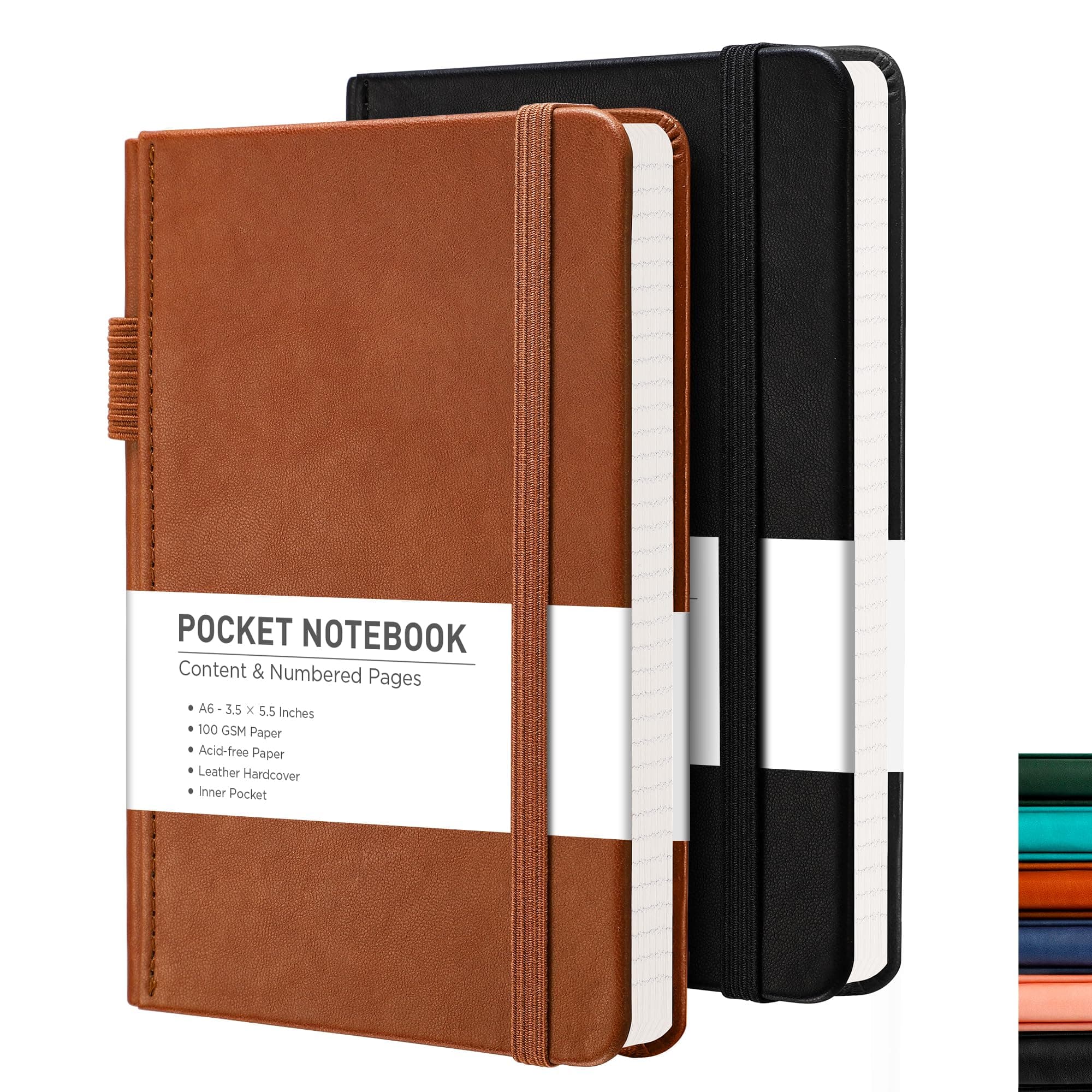 RETTACY Pocket Journal Notebook, 2-Pack, 160 Numbered Lined Pages per Pack, A6 Mini Small Size (3.5" × 5.5"), for Work, Journaling, Leather Hardcover, 100 GSM Thick Paper (Black & Brown)