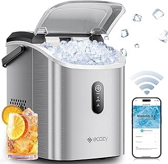 Smart Nugget Ice Maker Countertop, Portable Pebble Ice Machine with Voice Control, 34lbs/24H Soft Chewable Ice, Self-Cleaning Pellet Ice Maker with APP WiFi for Kitchen Party, Stainless Steel