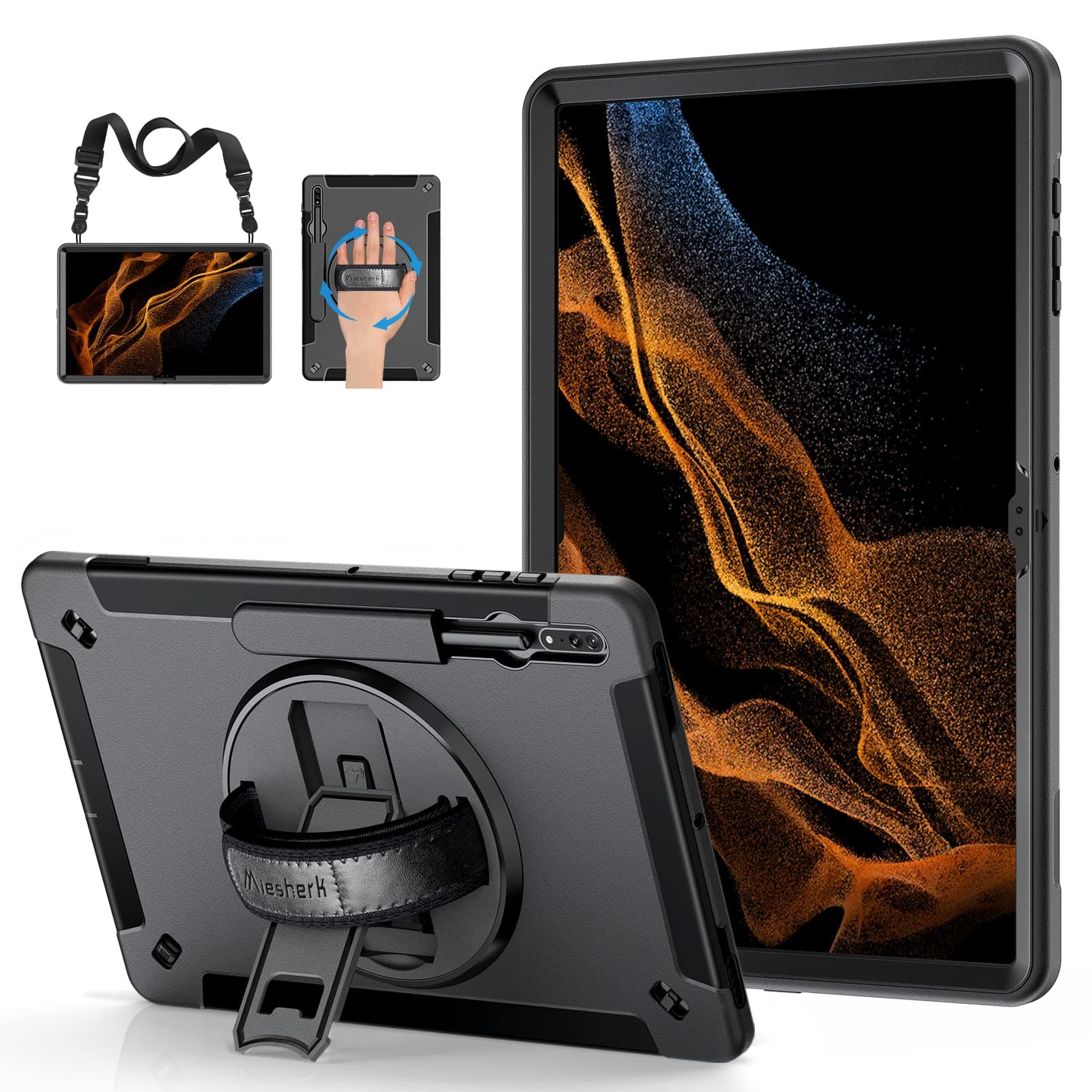 Case for Samsung Galaxy Tab S8 Ultra 2022: 3-Layer Rugged Military Grade Shockproof Case for Tab S8 Ultra 14.6 Inch with 360° Swivel Stand - Handle - Shoulder Strap - S Pen Holder - Black