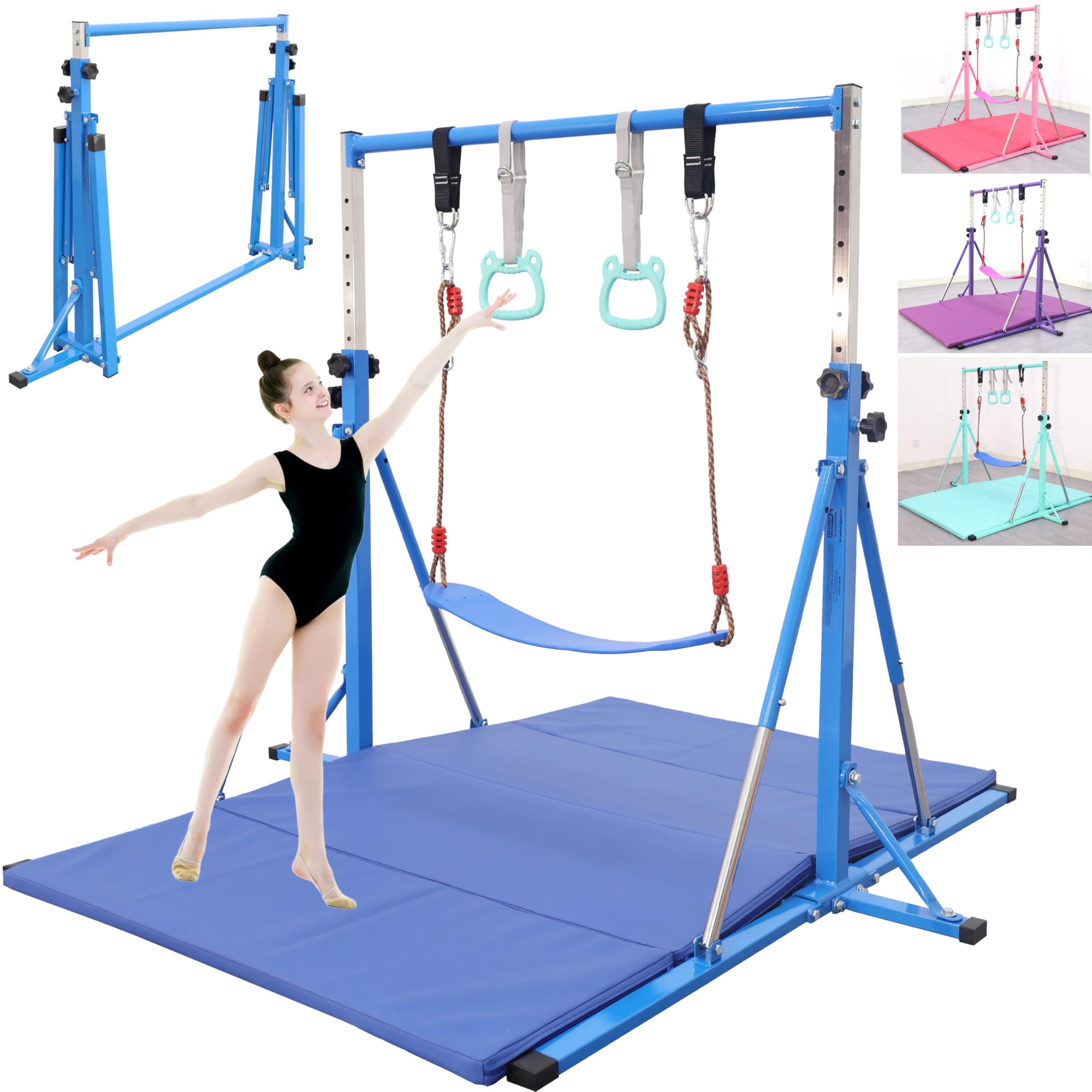Foldable Gymnastics Bar,5FT Horizontal bar,Adjustable Kids Training bar for Kids Ages 3-15,Kids Gymnastics bar,Triangle Stable Structure-Gym Equipment for Home