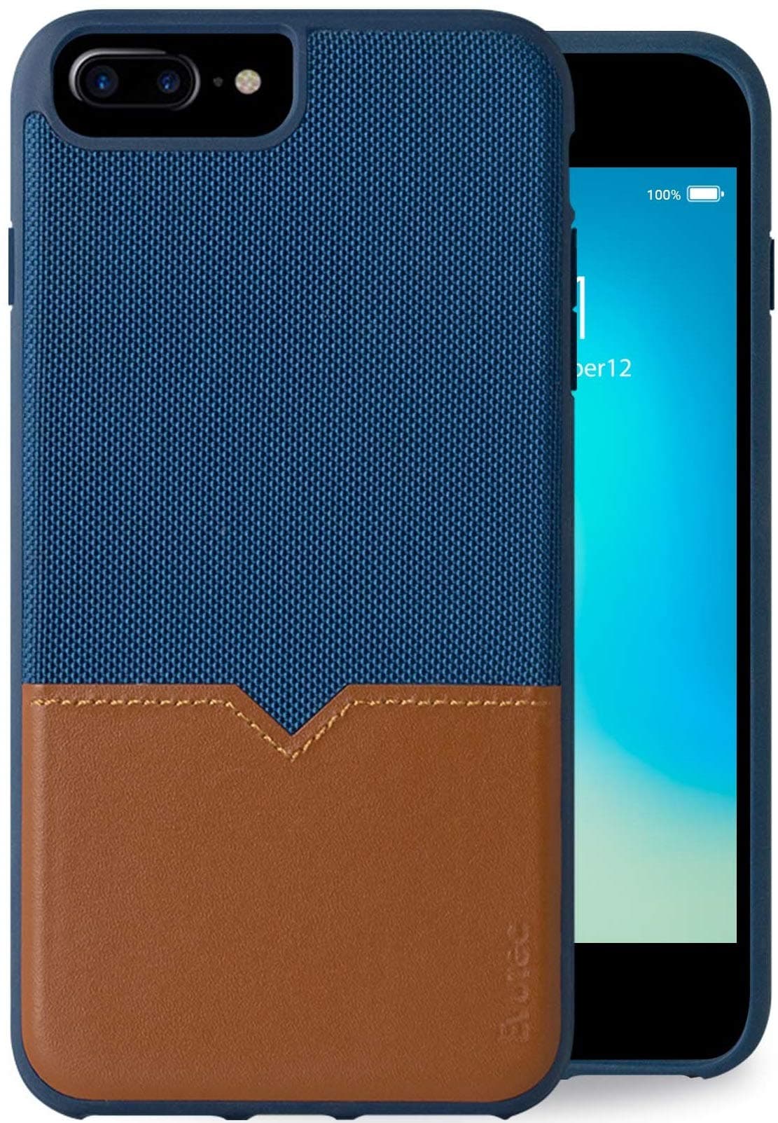 Evutec Compatible with iPhone 6 plus/6s Plus/7 Plus/8 Plus Unique Heavy Duty Case Leather + TPU Shockproof Interior Drop Protection Durable Stylish Phone Cover-Blue/Saddle (AFIX+Vent Mount Included)