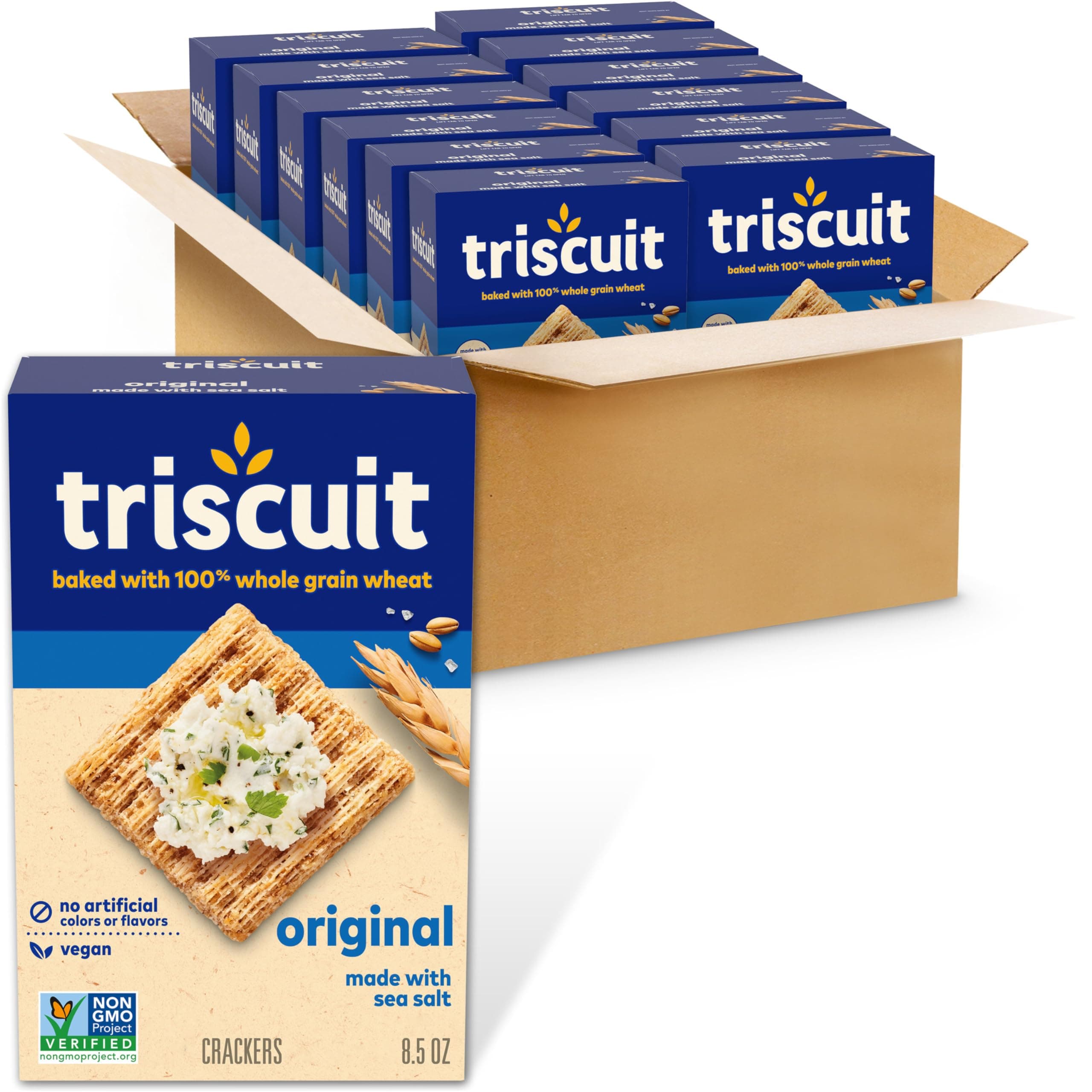 Triscuit Original Whole Grain Wheat Crackers, Vegan Crackers, 12-8.5 oz Boxes