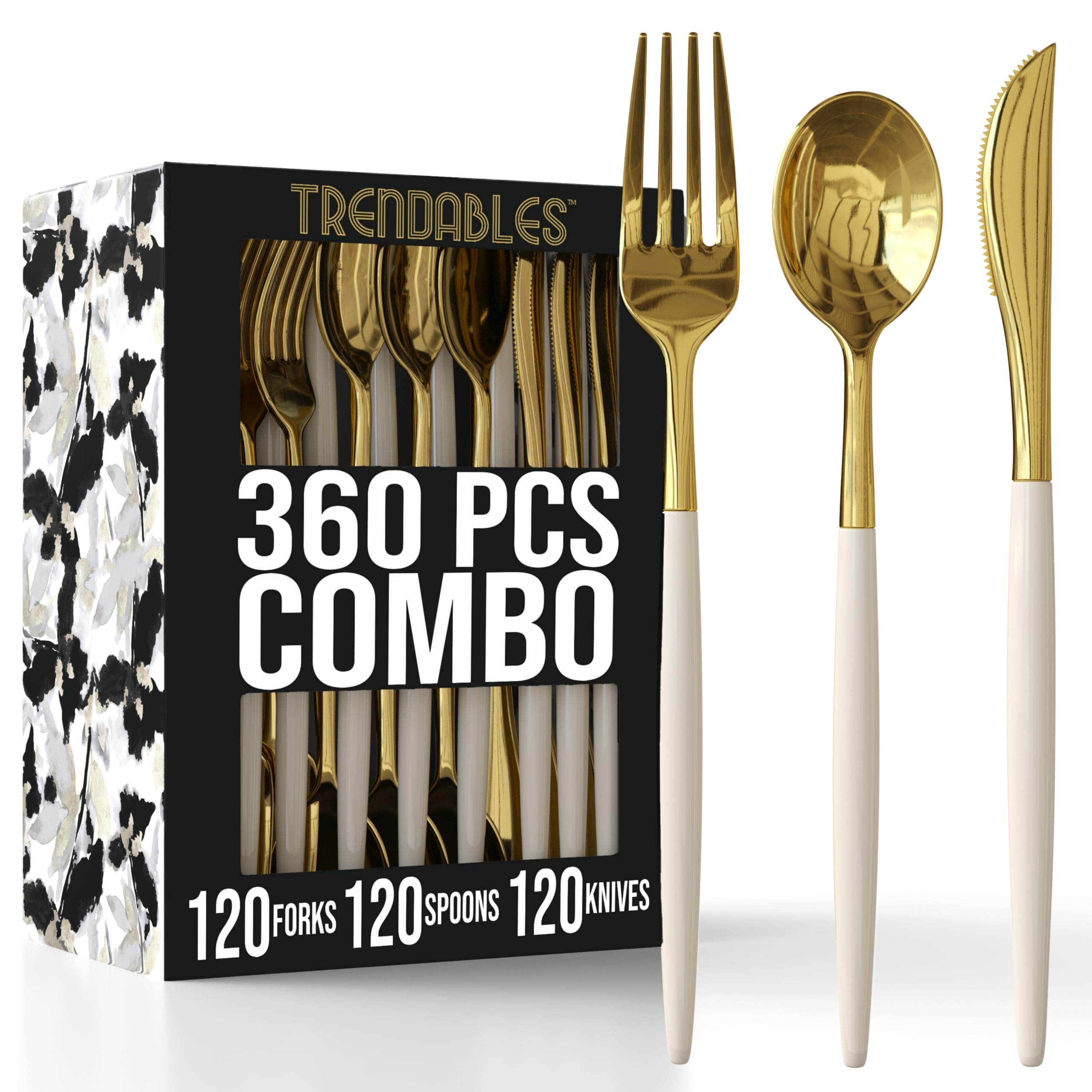 Trendables 360 Pack Disposable Silverware Set - Ivory & Gold Plastic Cutlery Dinnerware - Includes 120 Plastic Forks, Spoons, Knives - Party Set