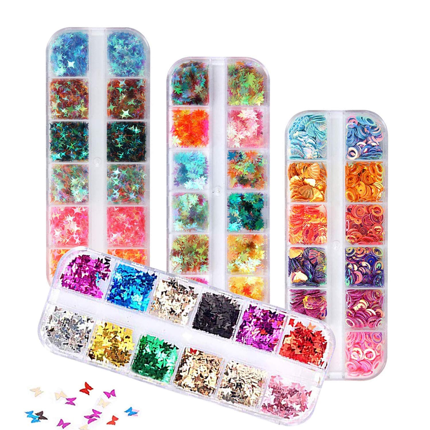 48 Boxes Holographic Nail Sequins, FITDON Shell Round Star Leaf Butterfly Iridescent Flake Nail Glitter, Colorful Confetti Sticker Manicure Nail Art Supplies Make Up DIY Decals Decoration