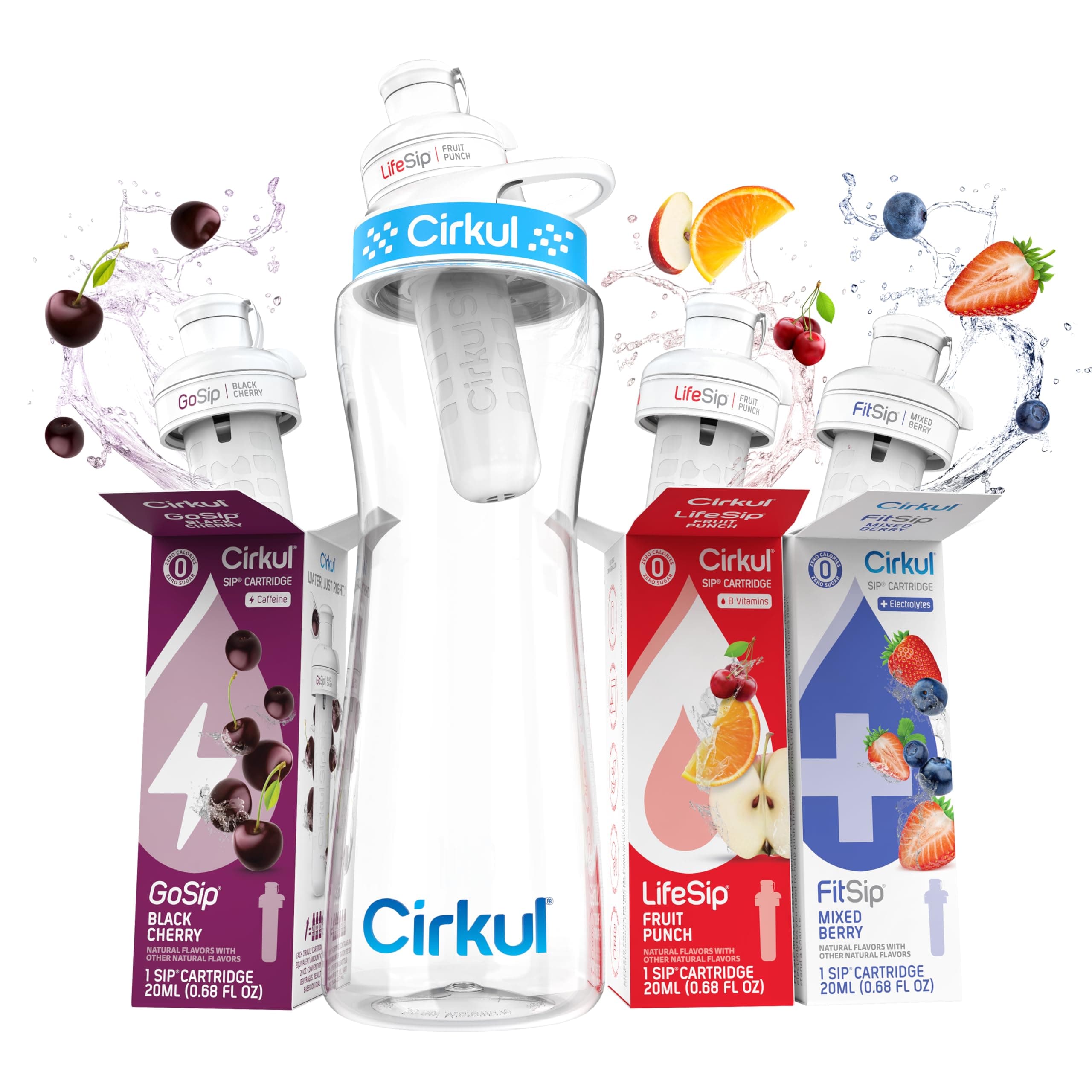 22 oz Plastic Water Bottle Starter Kit with Comfort Grip Lid & 3 Flavor Cartridges (Fruit Punch, Mixed Berry, Black Cherry) (Blue & Clear)