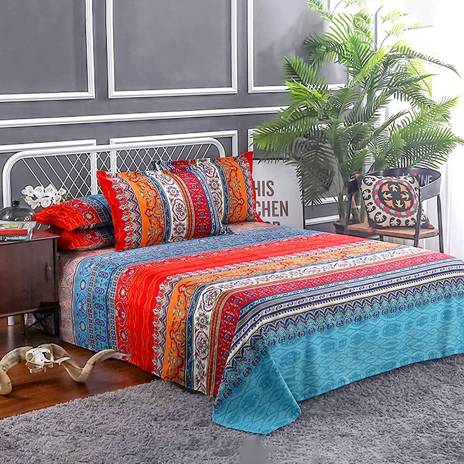 DJY Boho Sheets Set (4 PCS) Boho King Size Colorful Tribal Striped Bed Sheets 14" Deep Pocket Ethnic Fitted Sheet Bohemian Flat Sheets 2 Pillowcases