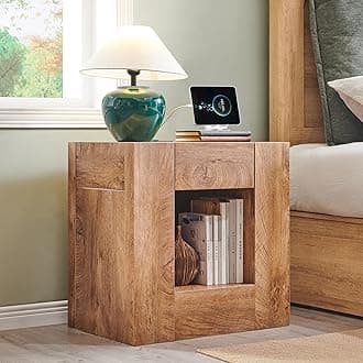 24'' Modern Nightstands Set of 2, Large Wooden End Table with Charging Station & Drawer & Storage Shelf, Rustic Square Bedside Table for Bedroom, Living Room, Wood Thick Design,Light Tree Knot