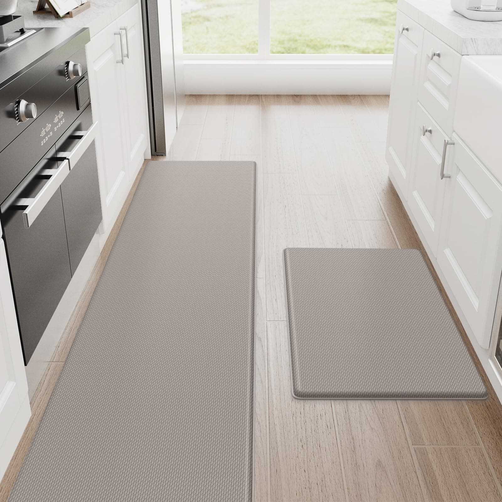 StepRite Kitchen Mats, 2PCS Kitchen Rugs, Cushioned Anti Fatigue Kitchen Mats for Floor, Non-Slip Standing Desk Mat, Waterproof Kitchen Rug Set for Kitchen, Floor, Office, 17.3"x30"+17.3"x70", Khaki