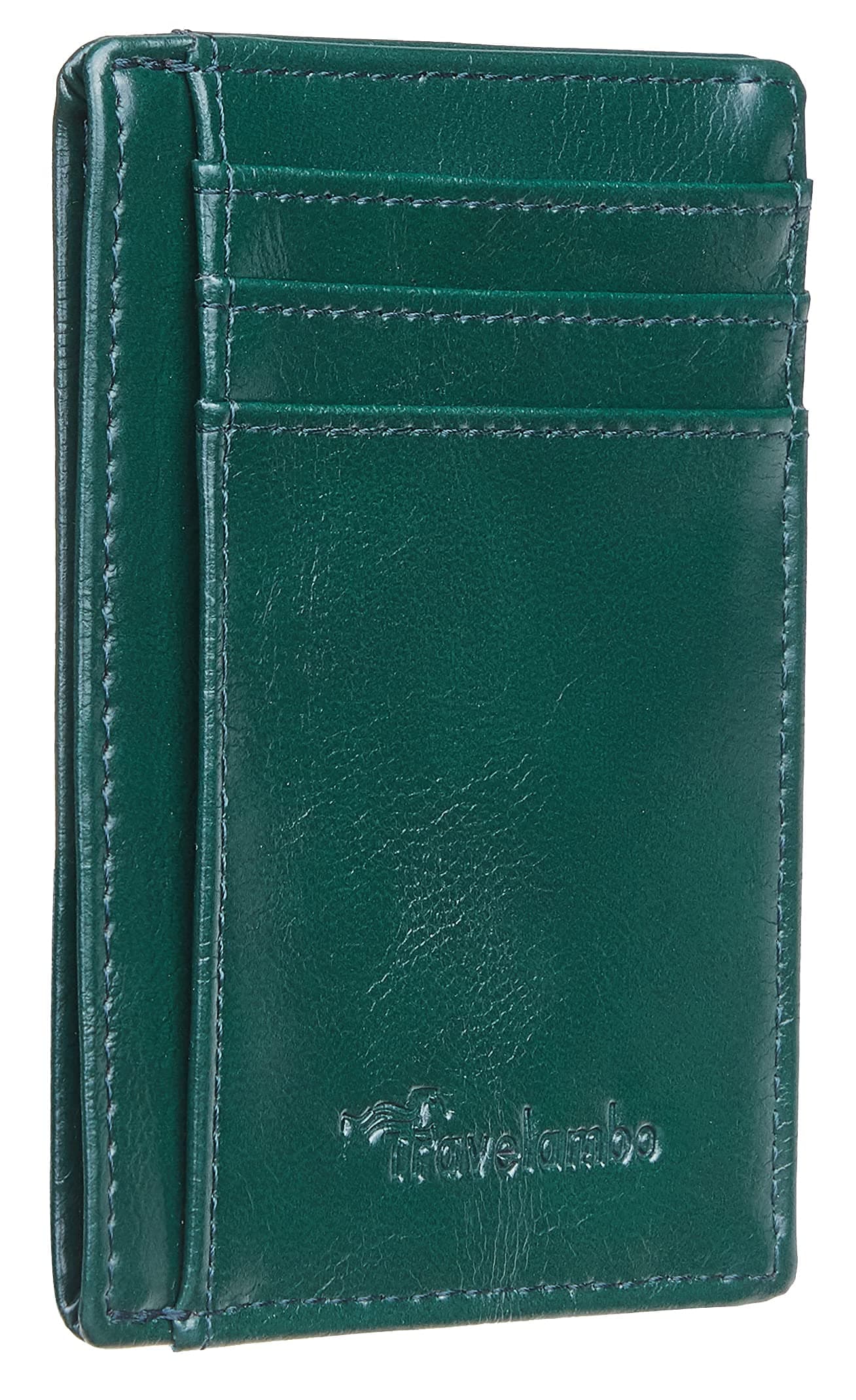 Travelambo Slim Wallet Front Pocket Minimalist Leather RFID Blocking Medium Size, Waxed Deep Green, One Size, Minimalist