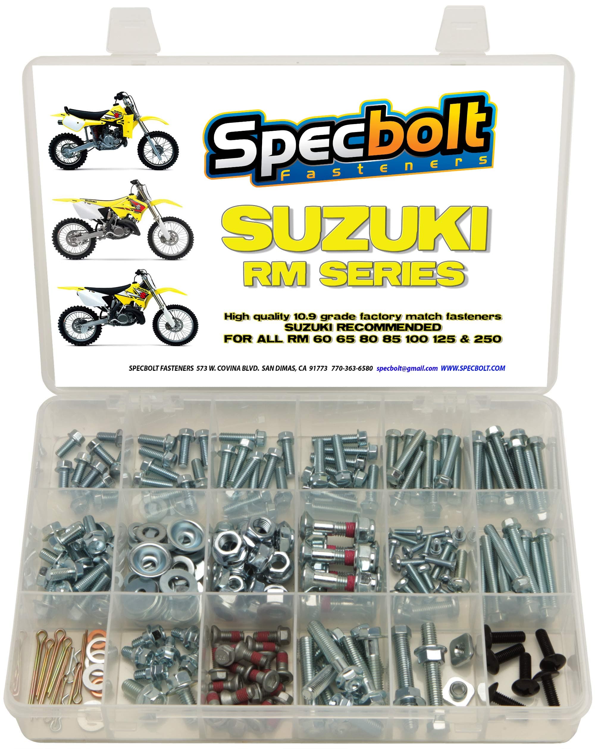 Specbolt Fasteners 250pc Suzuki RM two stroke Bolt Kit for Maintenance & Restoration of MX Dirtbike OEM Spec RM60 RM65 RM80 RM85 RM100 RM125 RM250