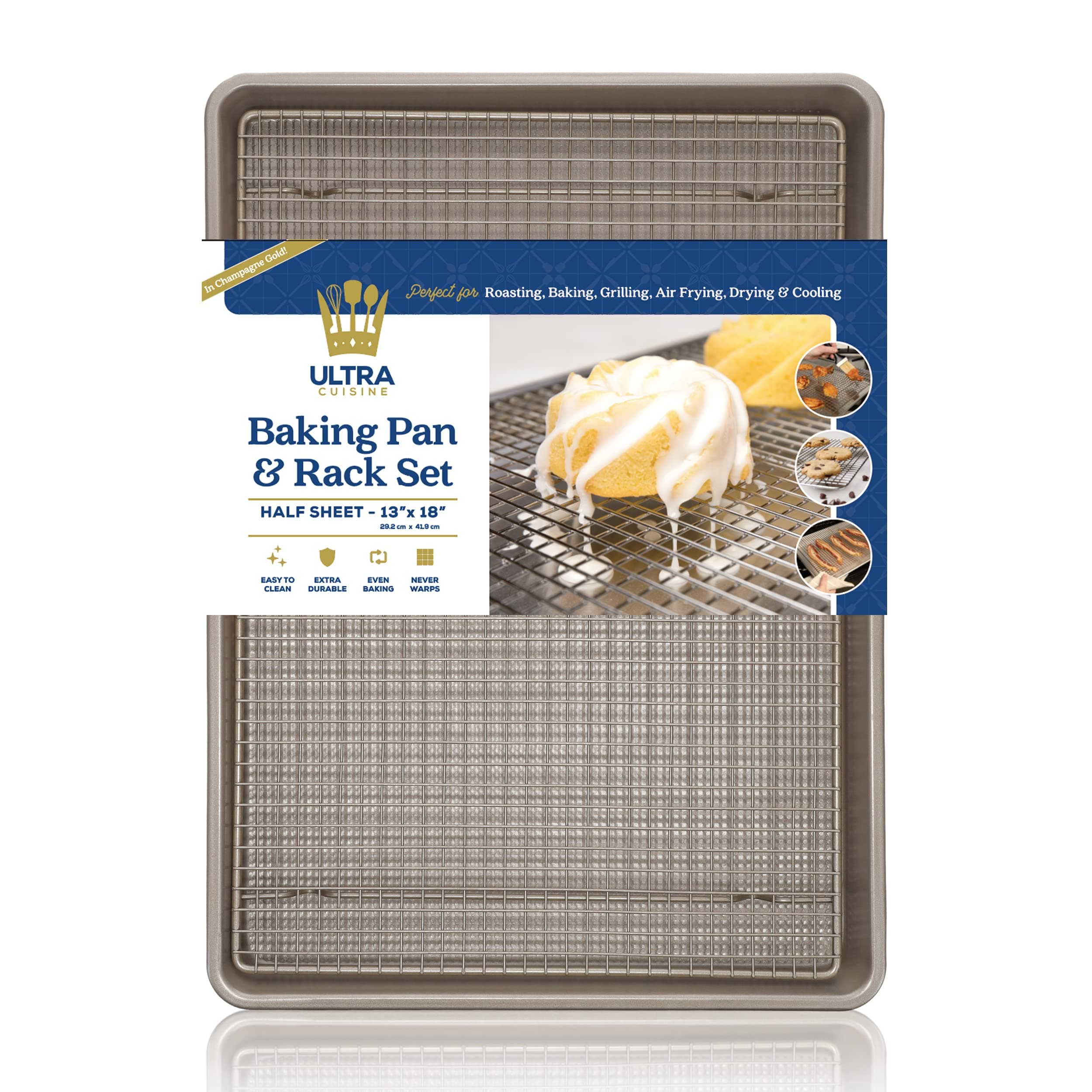 Wire Rack Baking Sheet Pan Set - Half Sheet Pan Set with 100% Stainless Wire Rack - Dishwasher Safe - Steel Reinforced Rim - Aluminum Cooling racks for Cooking and Baking - Champagne