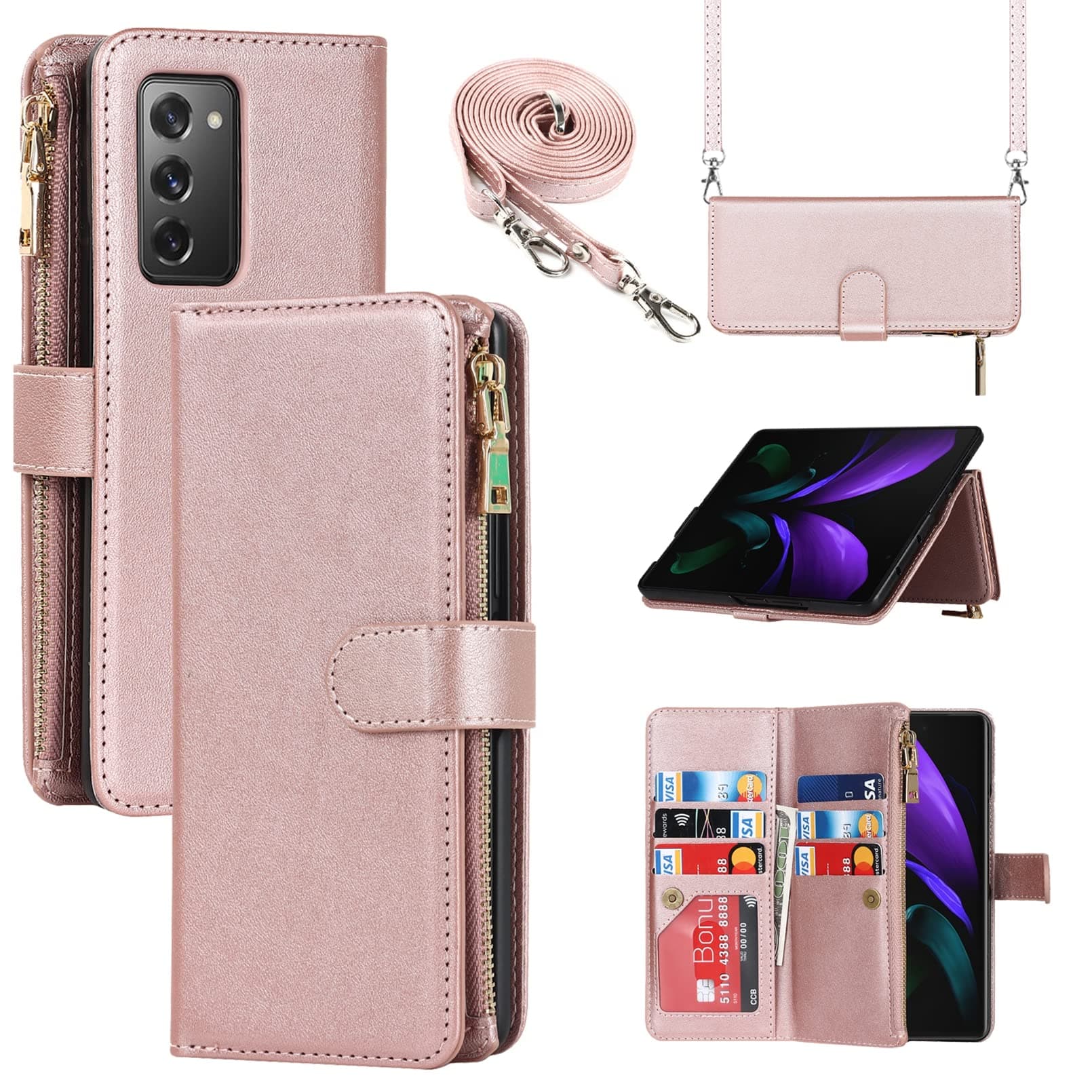 for Samsung Galaxy Z Fold 2 5G Wallet Case with S Pen Holder,[9 Card Slots] Adjustable Crossbody Necklace Lanyard Shoulder Strap Zipper PU Leather Case for Samsung Z Fold 2, Rosegold