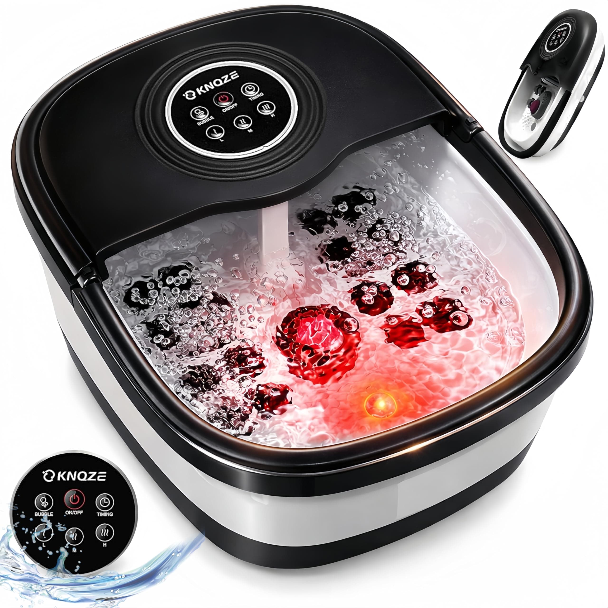 KNQZE Collapsible Foot Spa Bath with Heat & Remote Control, Bubble Massage, Temperature Control, Red Light, Timer, 16 Rollers & Pumice Stone for a Soothing Spa Experience