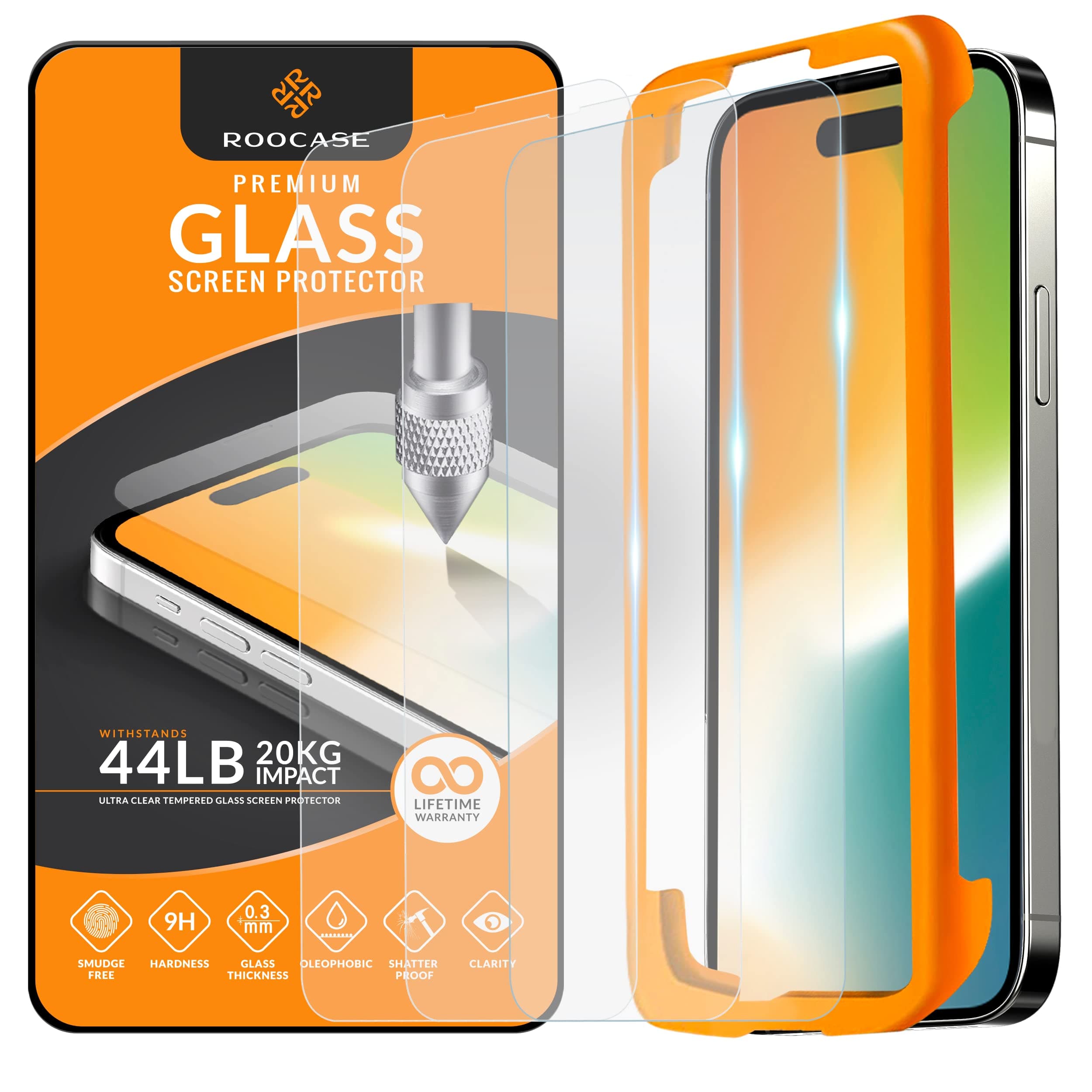 ROOCASE Glass Screen Protector for Apple iPhone 14 Pro, (6.1 Inch), Case Friendly Tempered Glass Front Cover Protection with Alignment Frame, Pack of 3