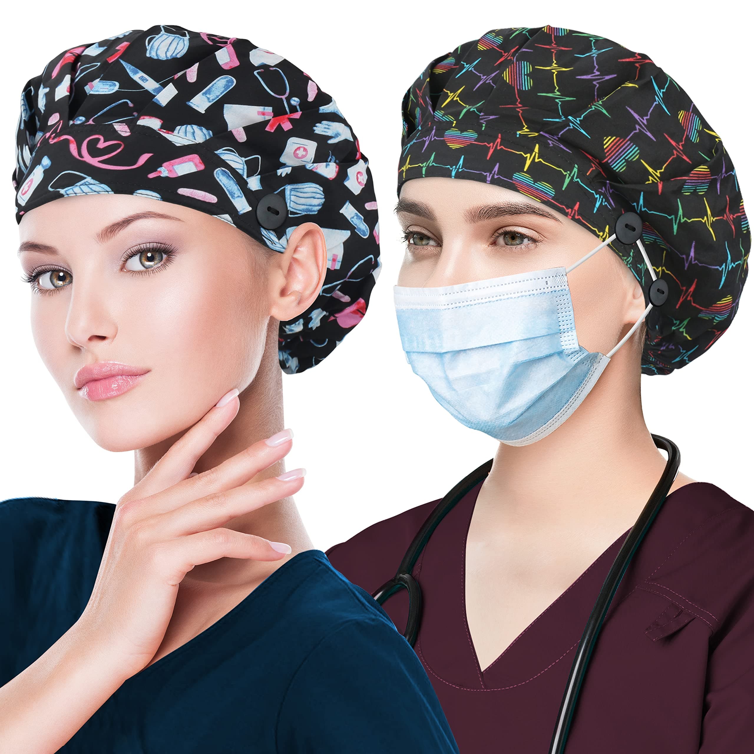ABAMERICA 2 Pack Bouffant Caps with Button and Sweatband, Adjustable Scrub Caps for Women Men, One Size Multi Color