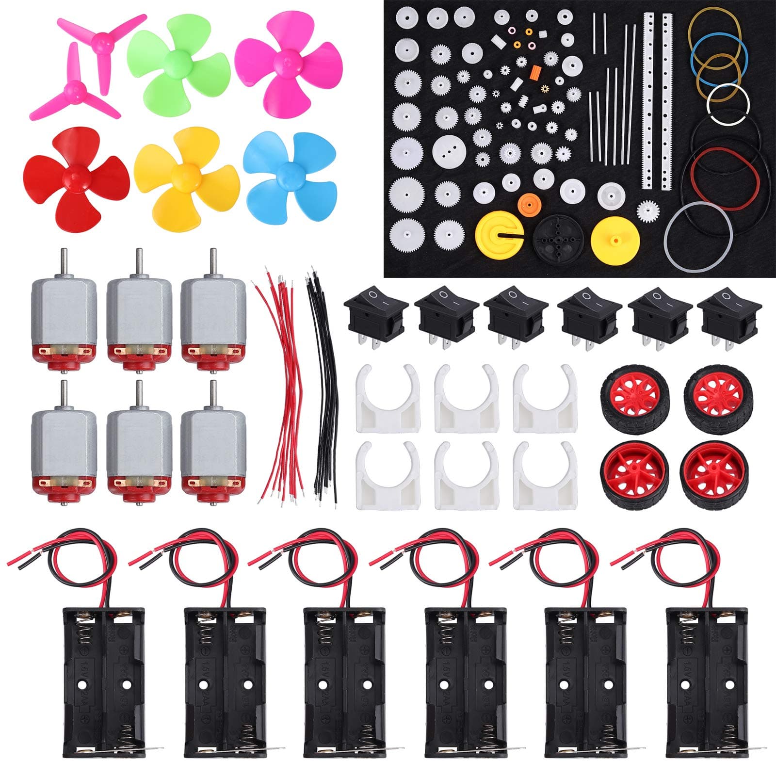 Justech 6 Set DC Motor Kit - Mini Electric Motor1.5-3V 24000RPM with 86pcs Plastic Gears, 6 x AA Battery Holder Motor Mounting Bracket Boat Rocker Switch and Shaft Propeller for DIY Science Projects