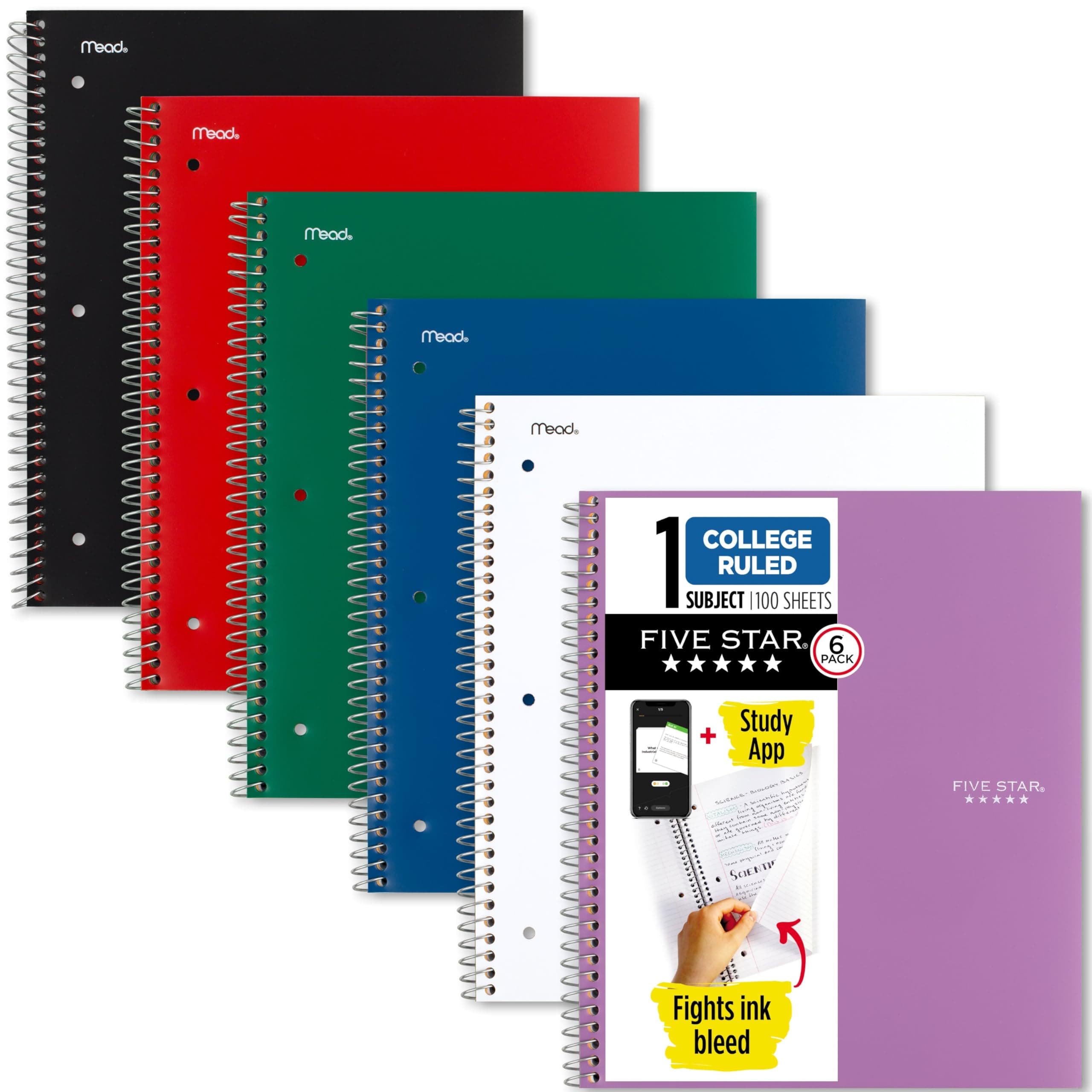 Five Star Spiral College Ruled Notebook, 1 Subject, Wired Note Book with Pockets, 100 Sheets, Home School Supplies for College Students or K-12, 11” x 8-1/2", 6 Pack (38052)
