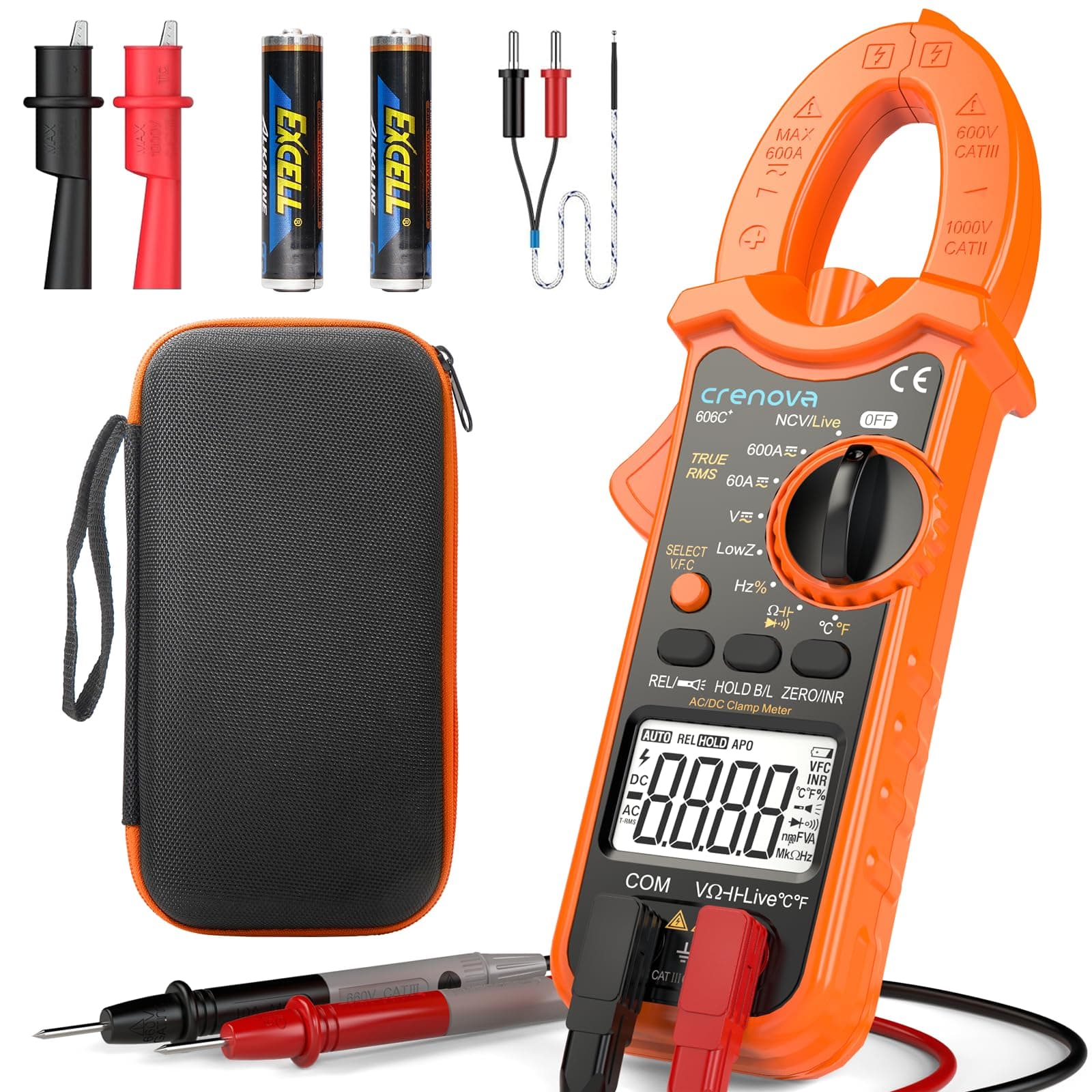 Crenova Digital Clamp Meter Multimeter 6000 Counts TRMS Voltage Tester Amp Meter for AC/DC Current/Voltage,Resistance,Capacitance,Frequency,Duty Cycle,Temperature,Continuity,Diode,NCV,Live Wire Test