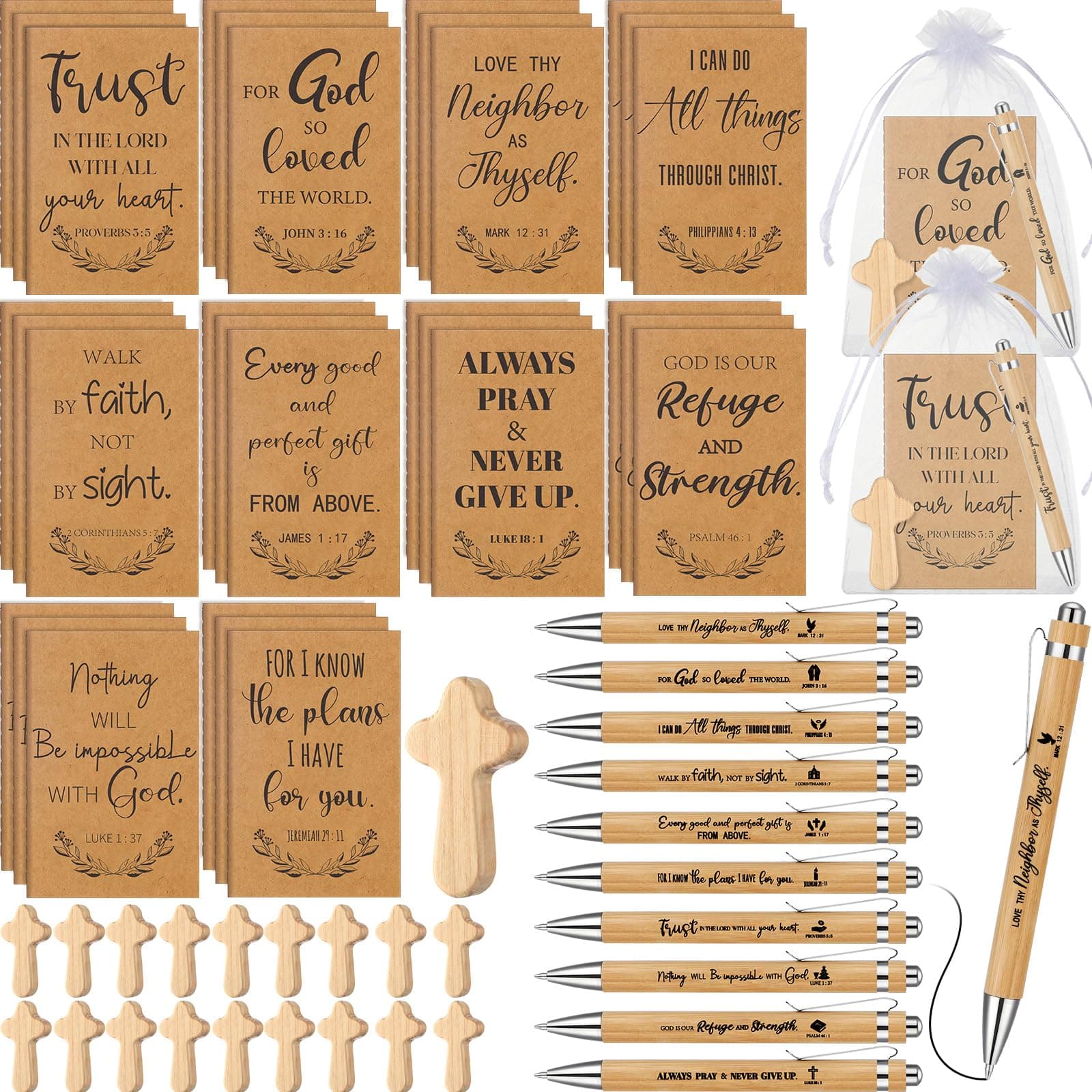 Spakon120 Pcs/ 30 Set Christian Gifts Bulk Scripture Notebooks Ballpoint Pens with Prayer Crosses for Church Office Appreciation Gifts Employee Coworker Bible Study Supplies(English)