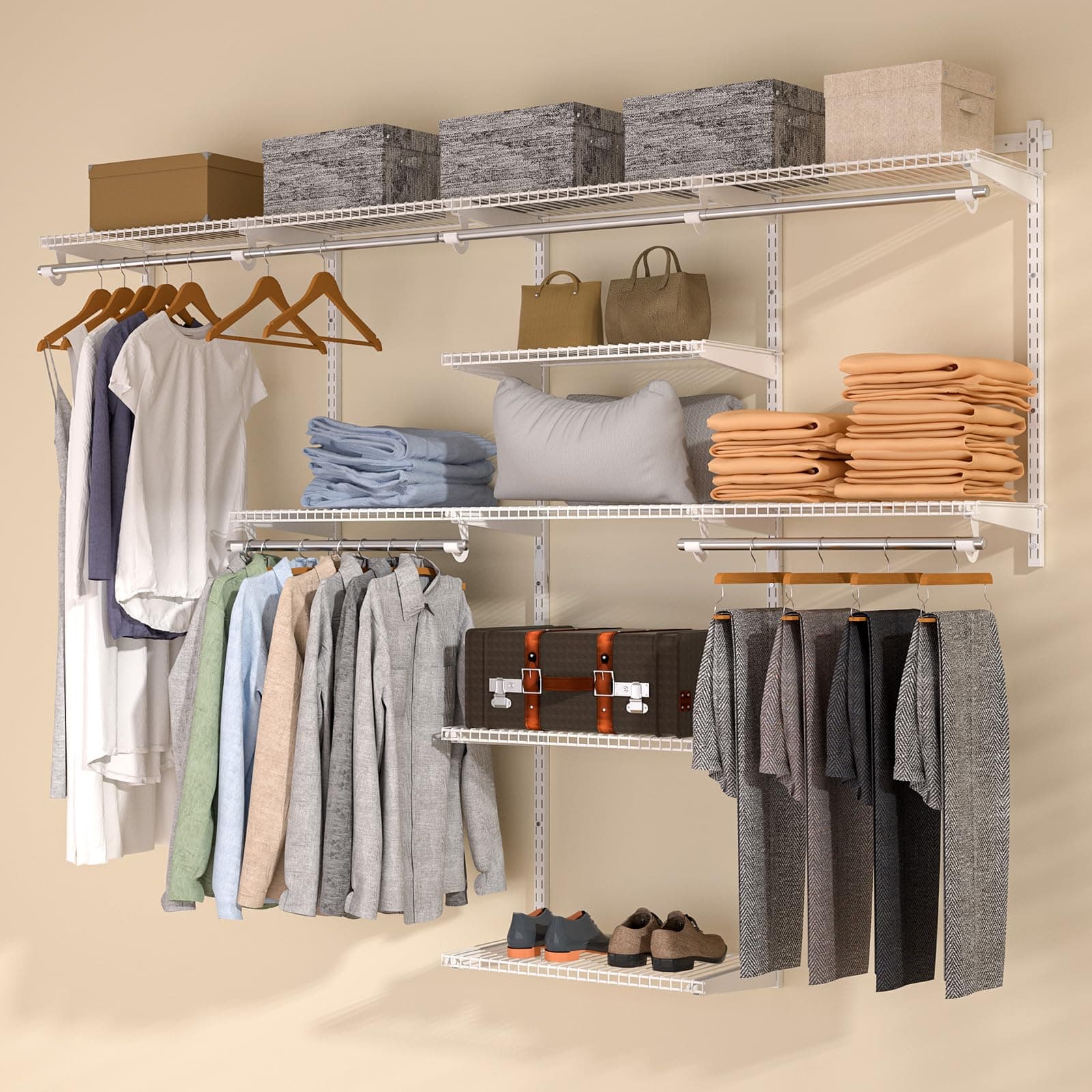 Homde Closet Organizer System Wall Mounted, 4-8 Ft. Adjustable and Expandable Metal Wire Shelving, Custom DIY Wardrobe Kit with Shelf, Clothes Hanging Rods, for Home Closet Laundry Mudroom