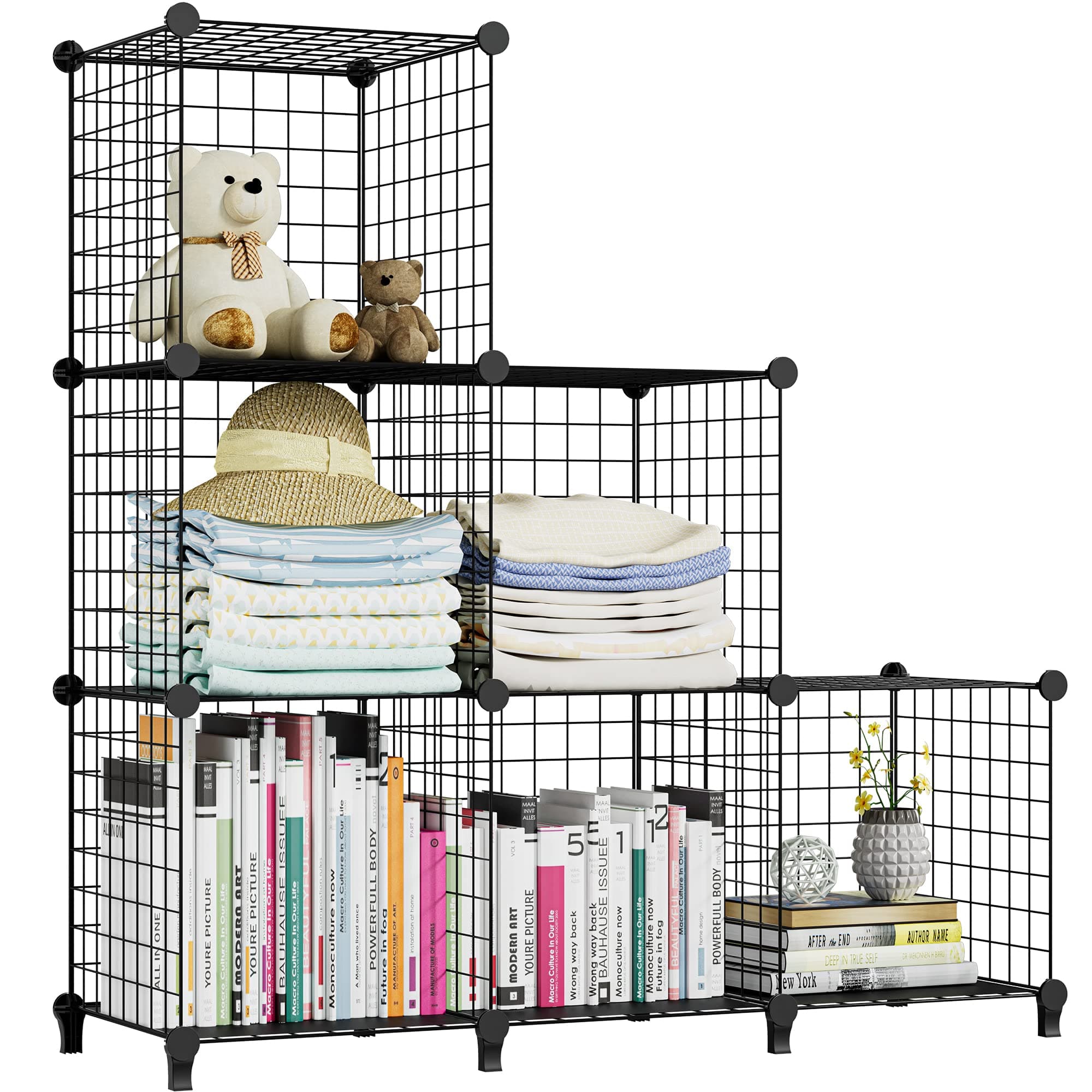 SIMPDIY Bookshelf Multi-function Space-saving Metal Organizer Wire Shelves Cubes Storage Portable Storage Shelf Racks(6 cubes)