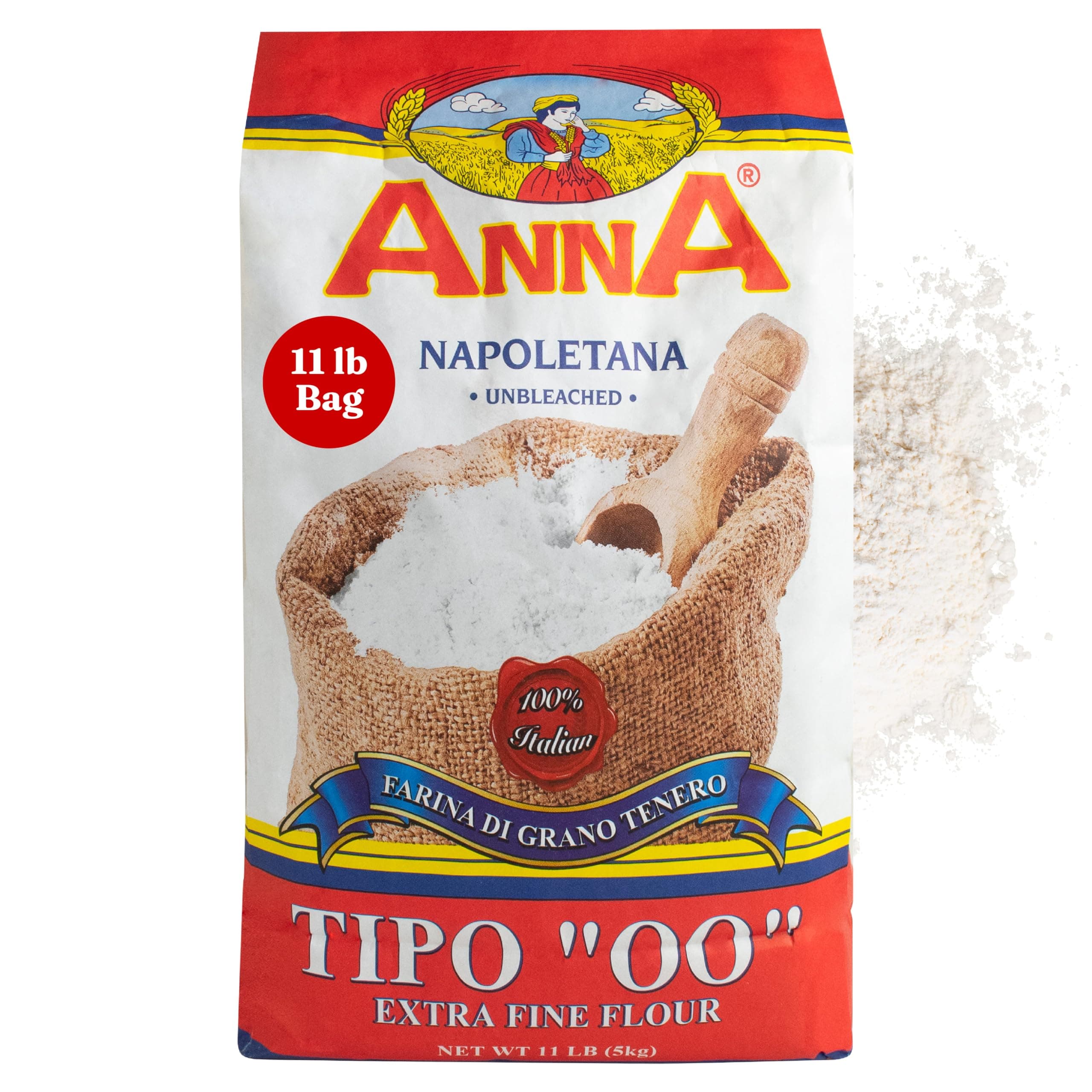 Anna Tipo 00 Flour, 11 Lbs., Extra Fine, Unbleached, Soft Wheat Flour, Perfect for Pizza Crust, Pasta & Bread, Grown and Processed in Italy