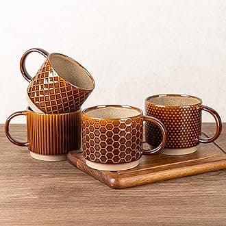 GBhome 15OZ Stackable Coffee Mugs, Ceramic Coffee Cups with Texture Patterns for Man,Woman,Dad,Mom, Modern Mugs Set of 4 for Latte/Cappuccino/Cocoa. Dishwasher&Microwave Safe, Caramel