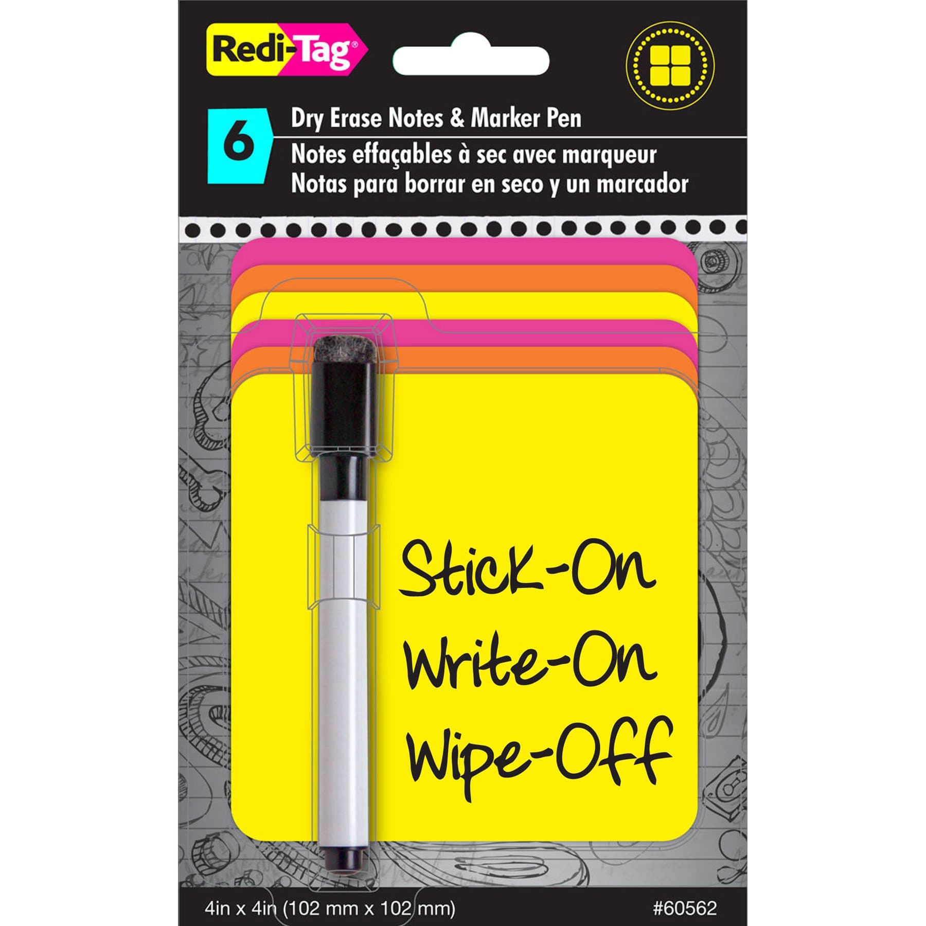 Redi-Tag ReMarks Dry Erase Sticky Notes 6 Notes per-Pack, 4 x 4 Inches, Yellow, Orange/Magenta (60562)