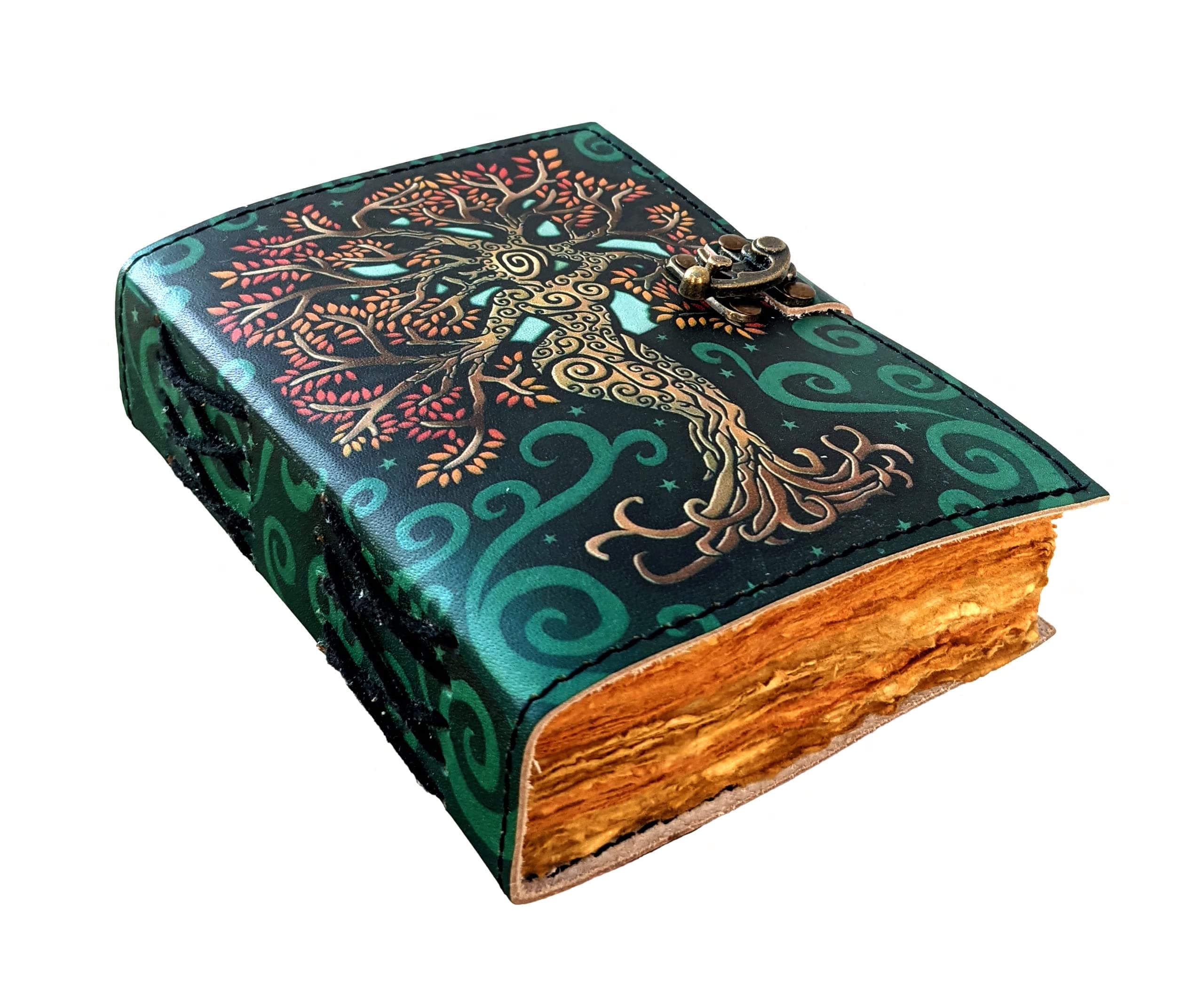 Blank Spell Book Of Shadows - Journal With Lock Clasp - Witchcraft Supplies - Vintage Handmade Leather Diary - Embossed Prayer Pagan - Wiccan Notebook Daily (5 x 1.2 x 7, Green)