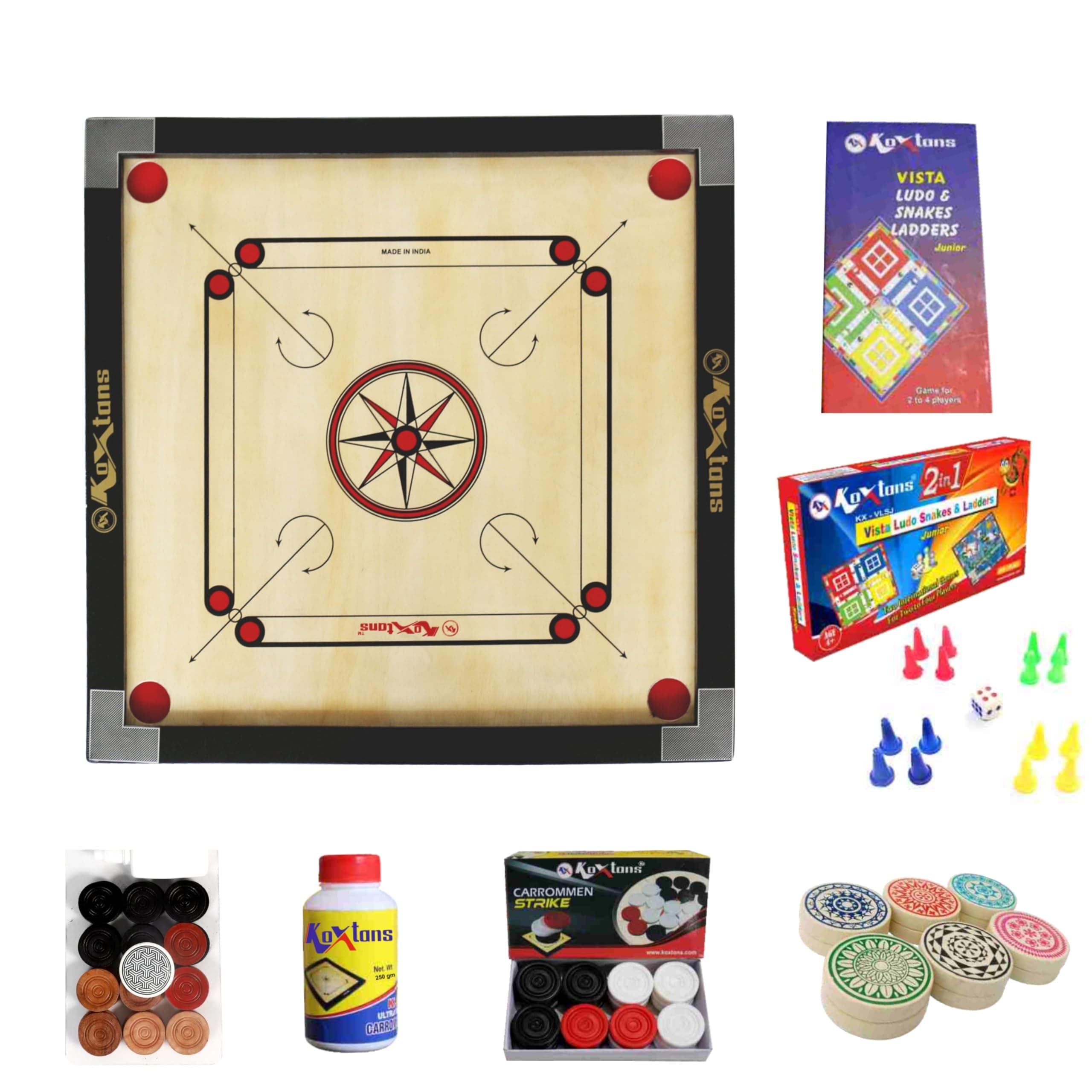 Carrom Board 28 INCH Medium Size with 1.5" Border & 3 mm Ply (Economy) with STRICKER & Accessories and Vista 11 INCH Ludo Snakes and Ladder