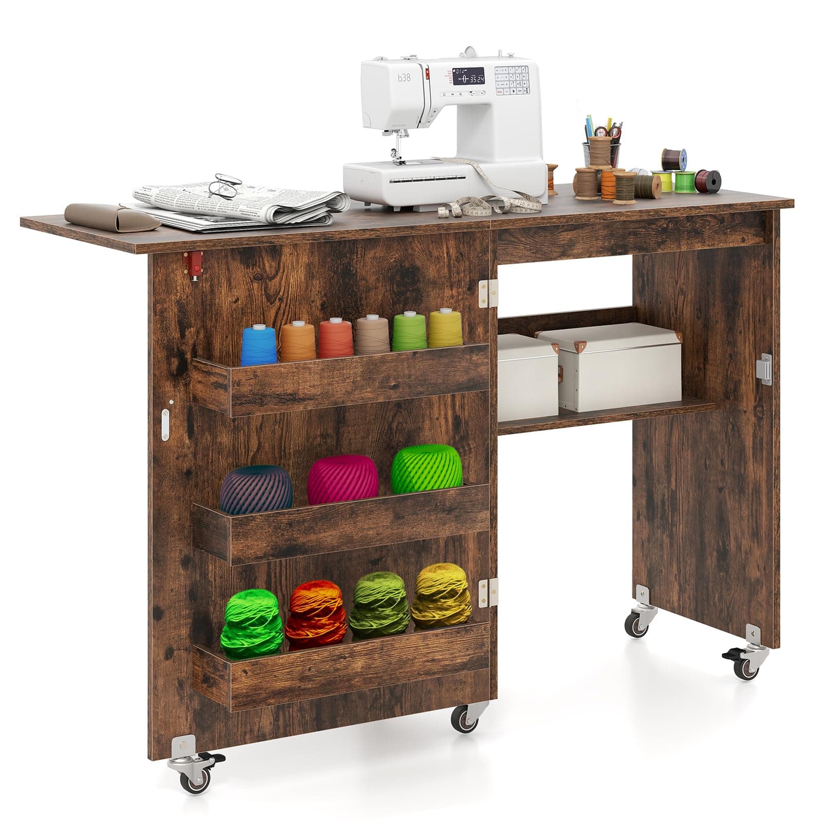 CASART 2-In-1 Sewing Table, Foldable Hobby Craft Table with Open Shelves & Rolling Casters, Multipurpose Sewing Machine Cabinet Computer Desk (Rustic Brown, 116 x 40 x 78cm)