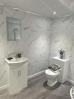DBS Bathrooms White Marble 8mm PVC Bathroom Wall Panels, Shower Wet Wall, Kitchen Cladding (4 Panels)