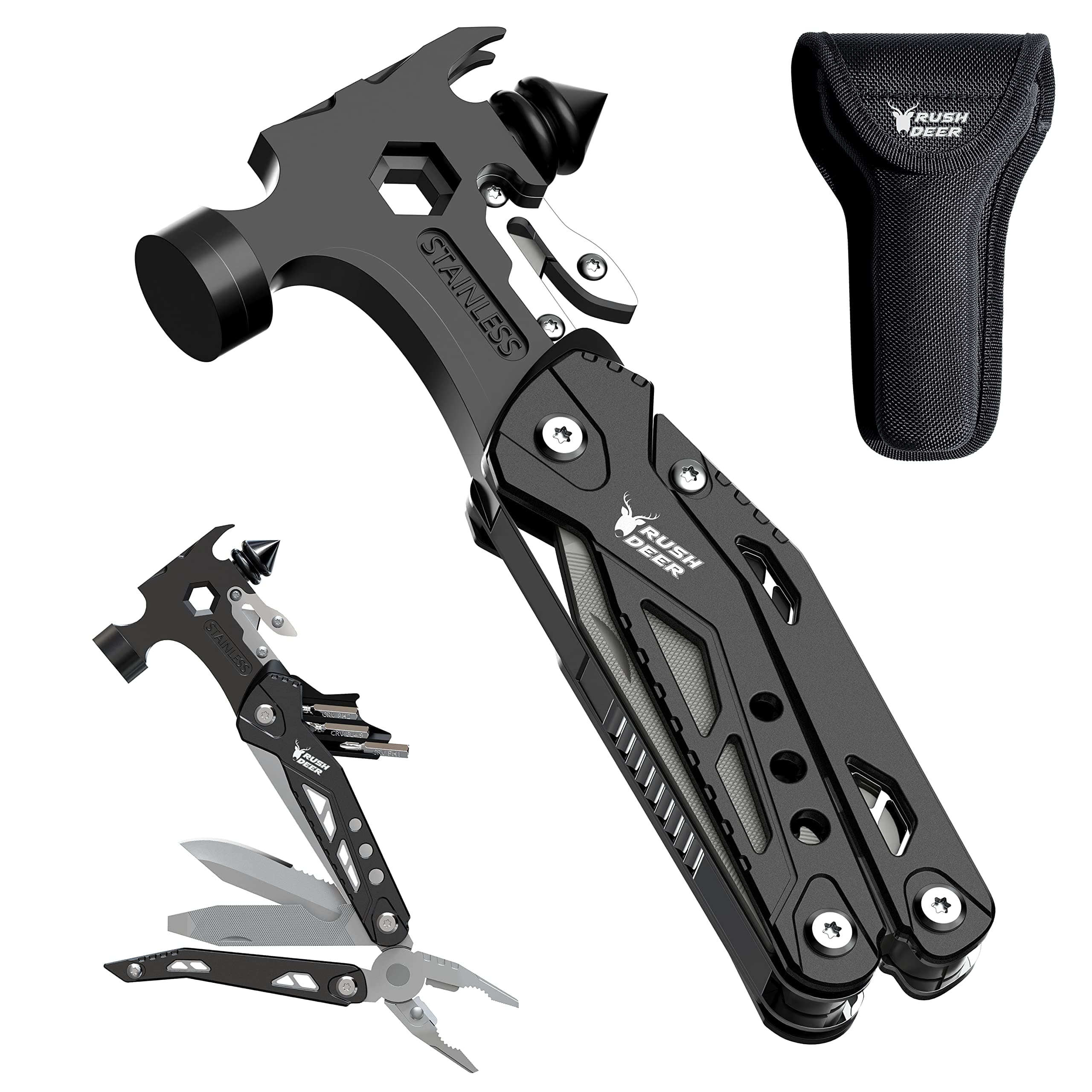 Camping Essentials Multitool,16 in 1 Multi Tool Survival Gear with Hammer, Pliers, Knife, Screwdrivers, Bottle Opener & Car Safety Hammer, for Camping, Hiking, Gift for Dad Him