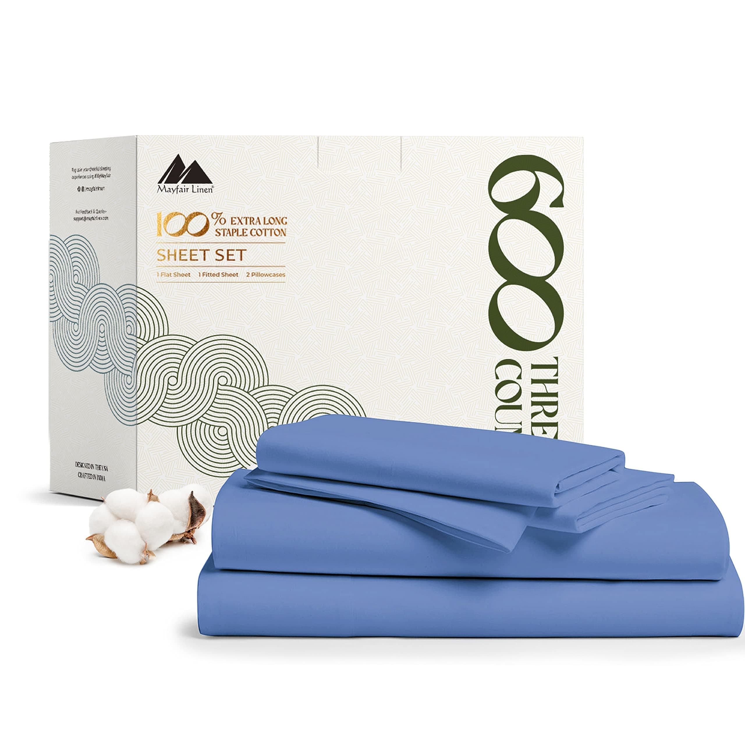 Mayfair Linen 100% Egyptian Cotton Sheets Full Size Bed Set - 4 PC 600 Thread Count Full Sheets Set Egyptian Cotton (Deep Blue), Extra Soft, Cooling, 16" Deep Pocket Sateen Weave Luxury Hotel Bedsheet