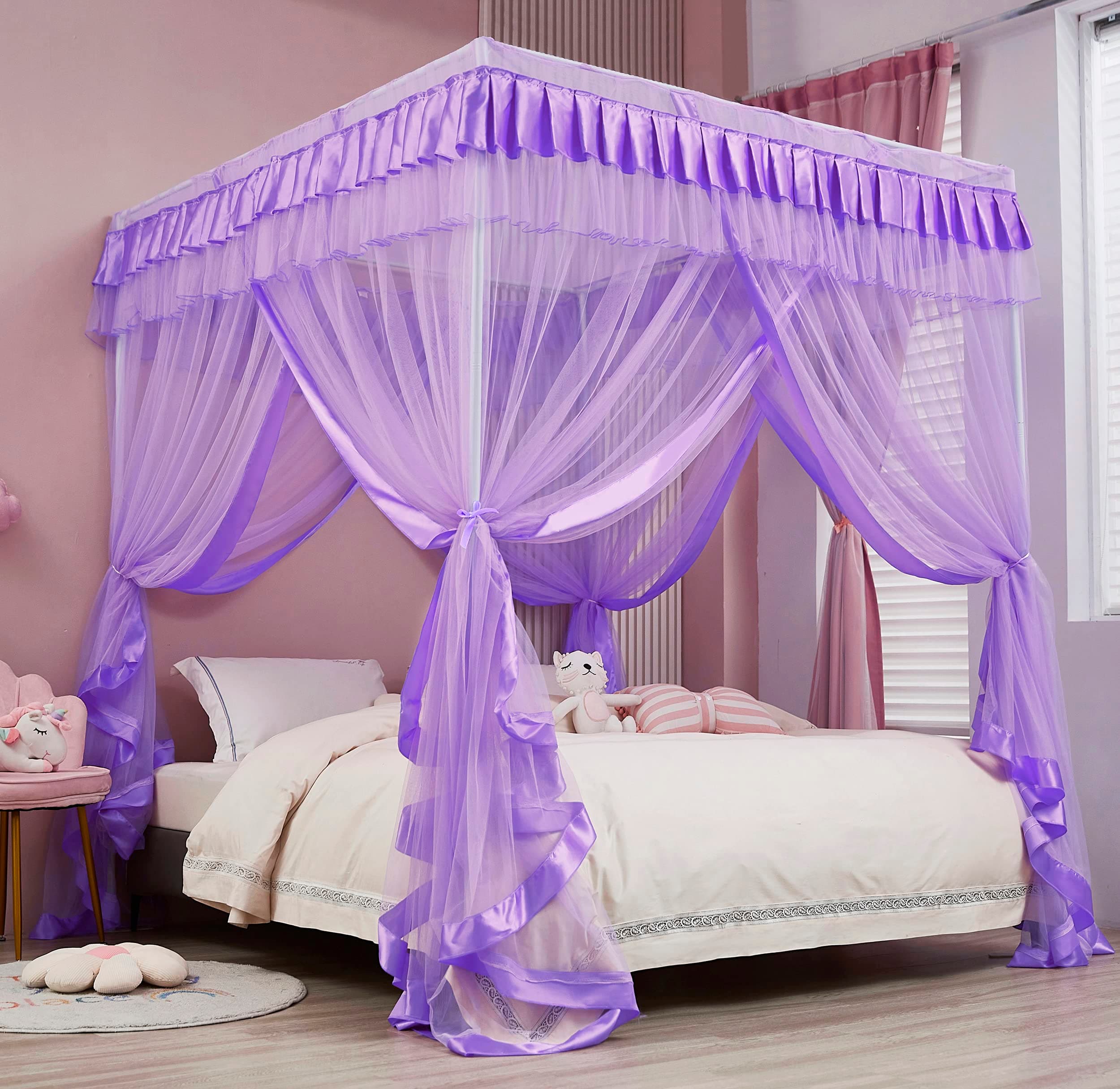 Mengersi 4 Corners Post Bed Curtain Canopy Full Size Mosquito Net Bed Drapes Bedroom Decoration(Purple)